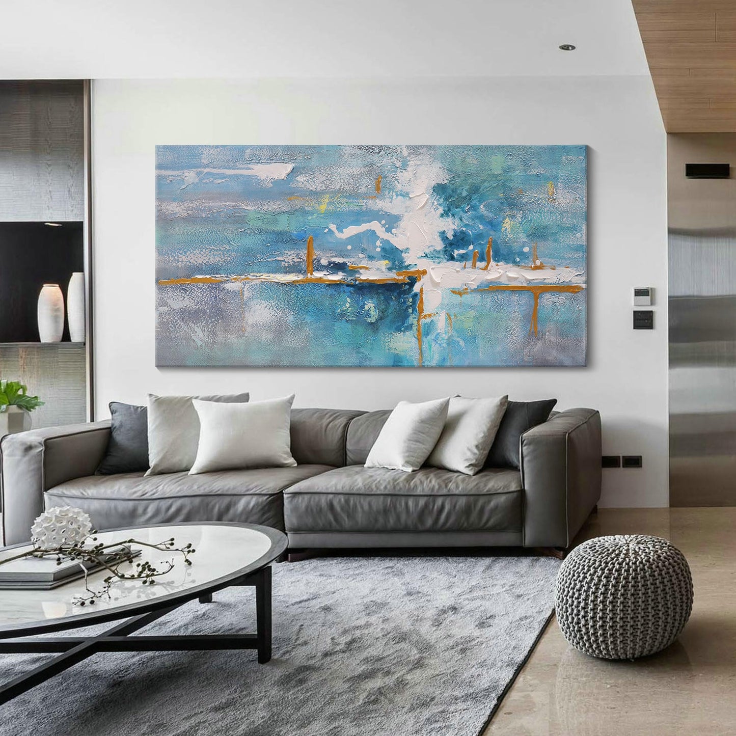 yiijeah Wall Art for Living Room - Framed Picture Artwork for Walls - Blue Wall Art 24x48 Inches Contemporary Abstract Wall Art Prints Canvas Painting Large Size Wall Art for Bedroom Office