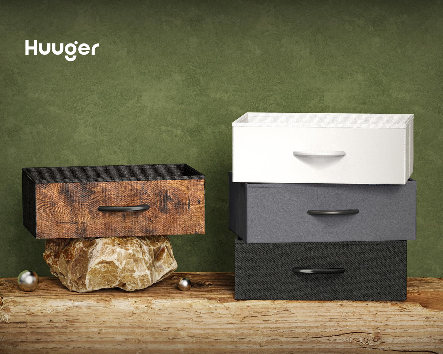 Huuger Nightstand with Charging Station, Side Table with Fabric Drawers, End Table with Open Shelf, Bedside Table with USB Ports and Outlets, Night Stand for Bedroom, Rustic Brown and Black