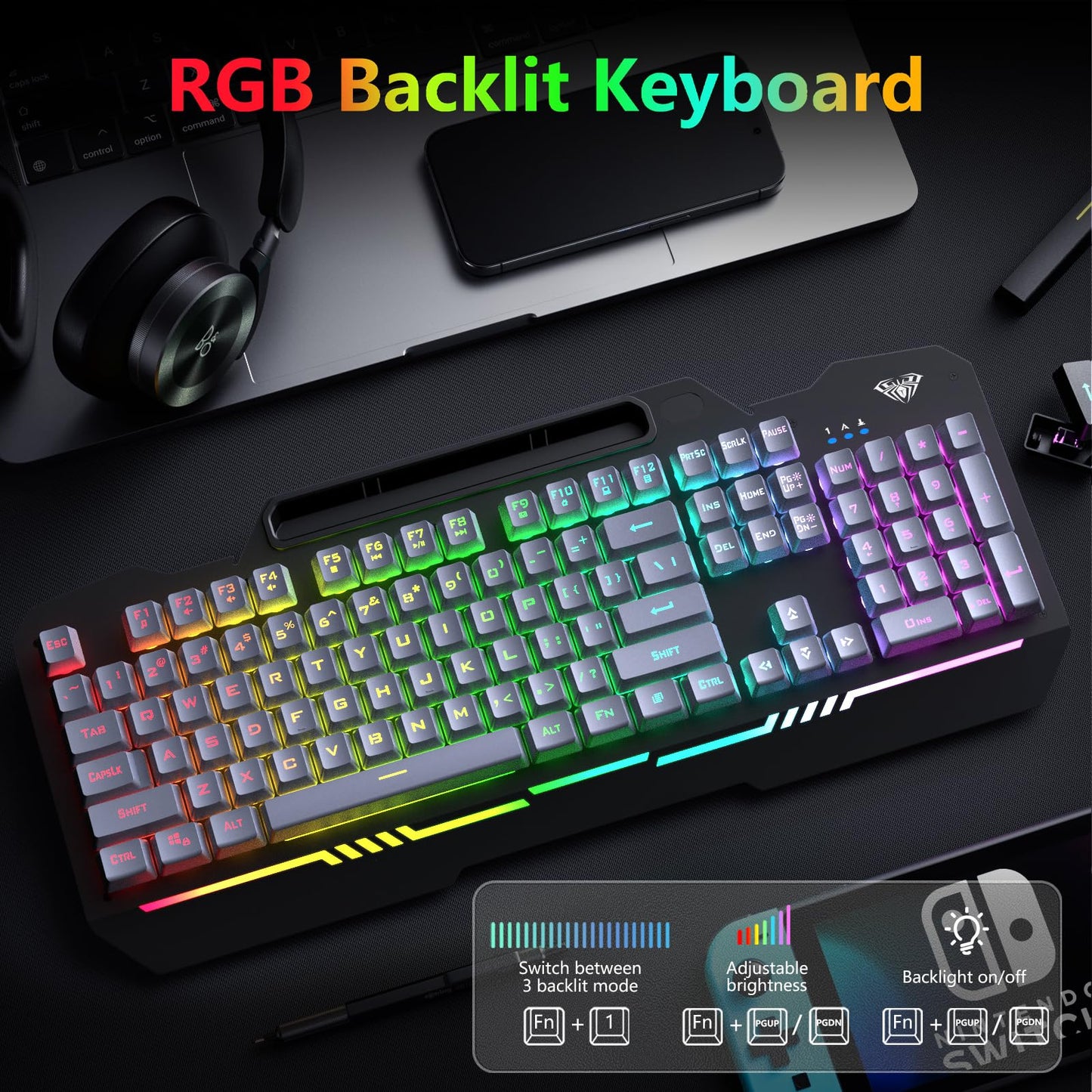 AULA Keyboard, T102 104 Keys Gaming Keyboard and Mouse Combo with RGB Backlit Quiet Computer Keyboard, All-Metal Panel, Waterproof Light Up PC Keyboard, USB Wired Keyboard Gaming for MAC Xbox PC Gamer