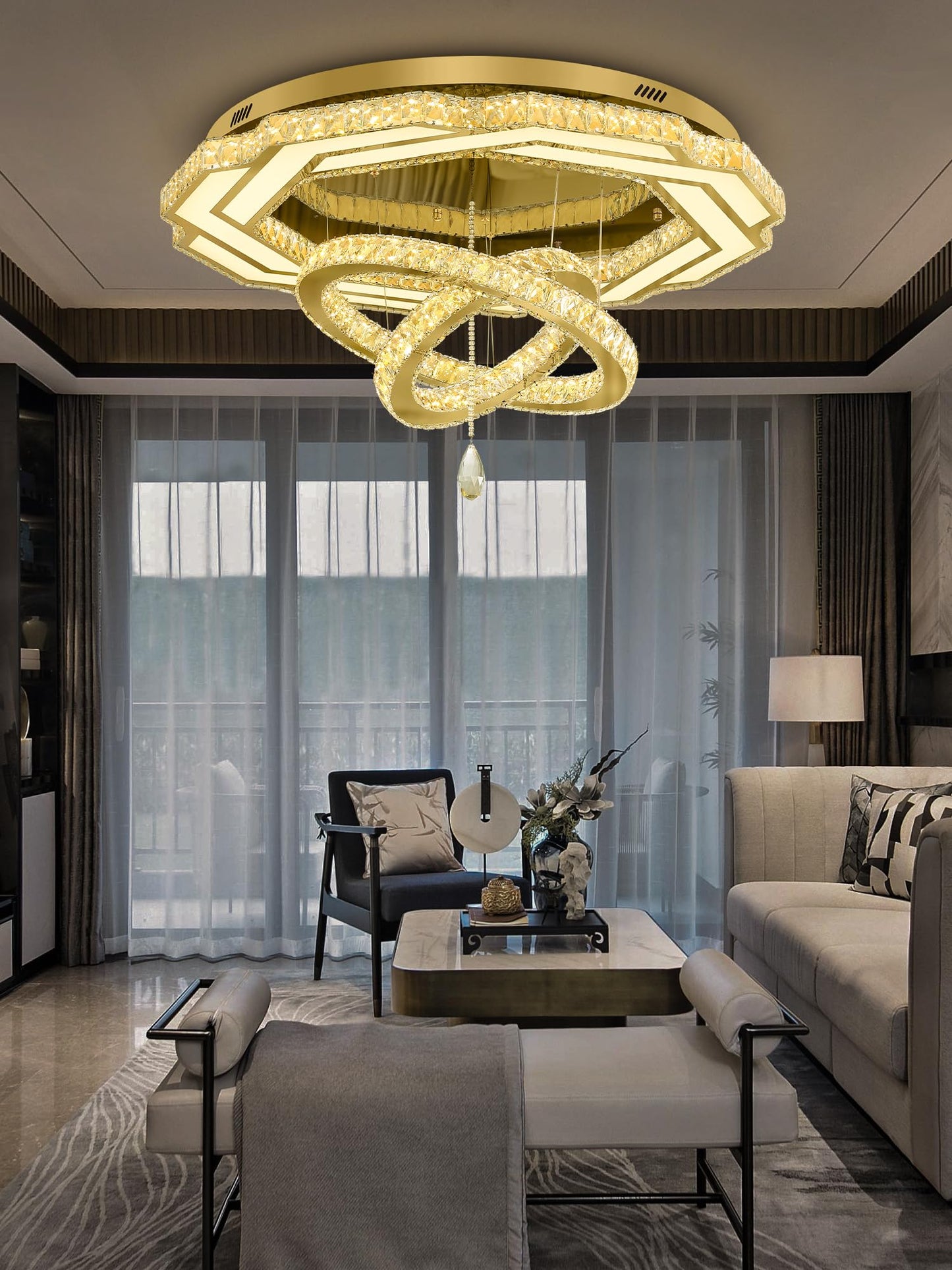 Flashing God Crystal Chandeliers Dia 32" Silver Elegant Chandelier Flush Mount Ceiling Light for Bedroom Living Room Dining Room Hallway Dimmable 3 Rings LED Celing Lighting Fixtures