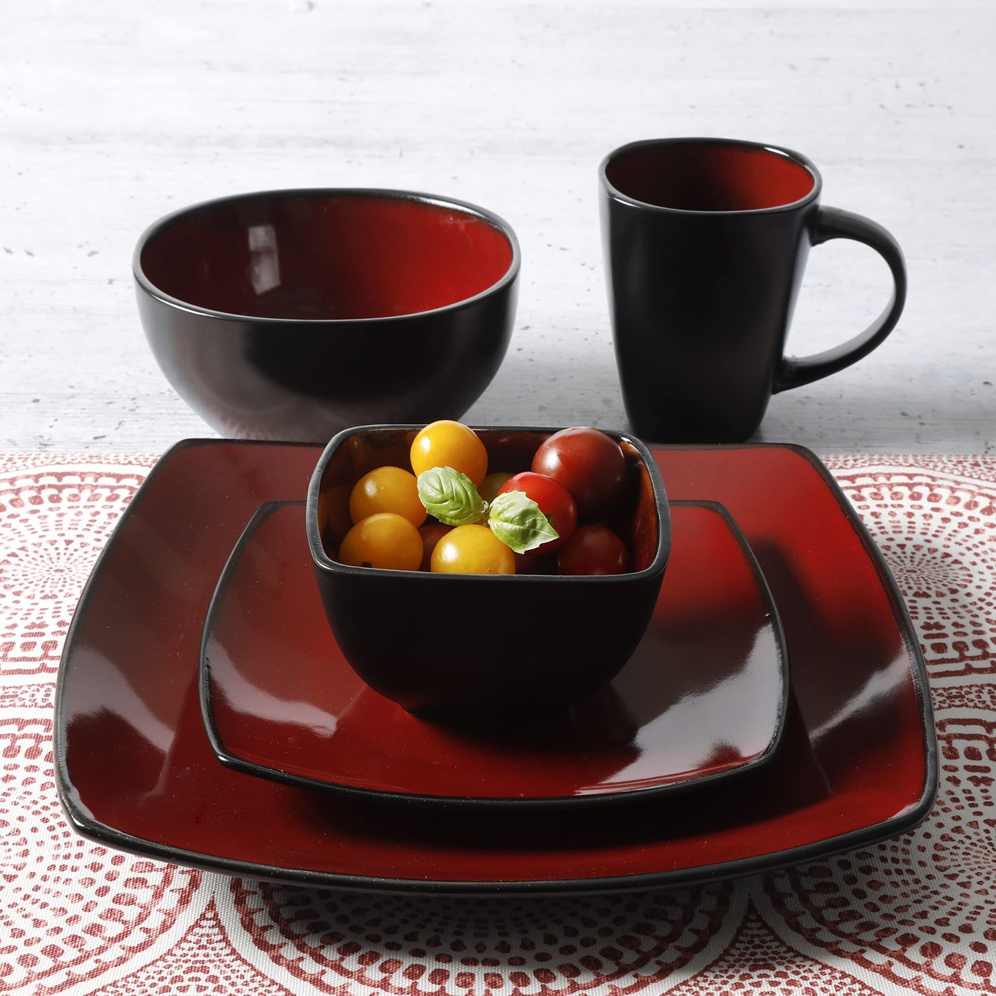 Gibson Soho Lounge Square Reactive Glaze Dinnerware Set, Red, Service for 4 (16pcs)