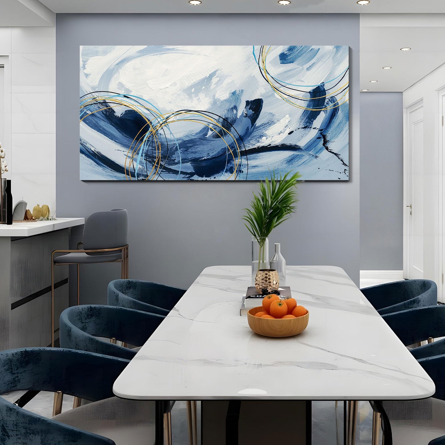 yiijeah Wall Art for Living Room - Framed Picture Artwork for Walls - Blue Wall Art 24x48 Inches Contemporary Abstract Wall Art Prints Canvas Painting Large Size Wall Art for Bedroom Office