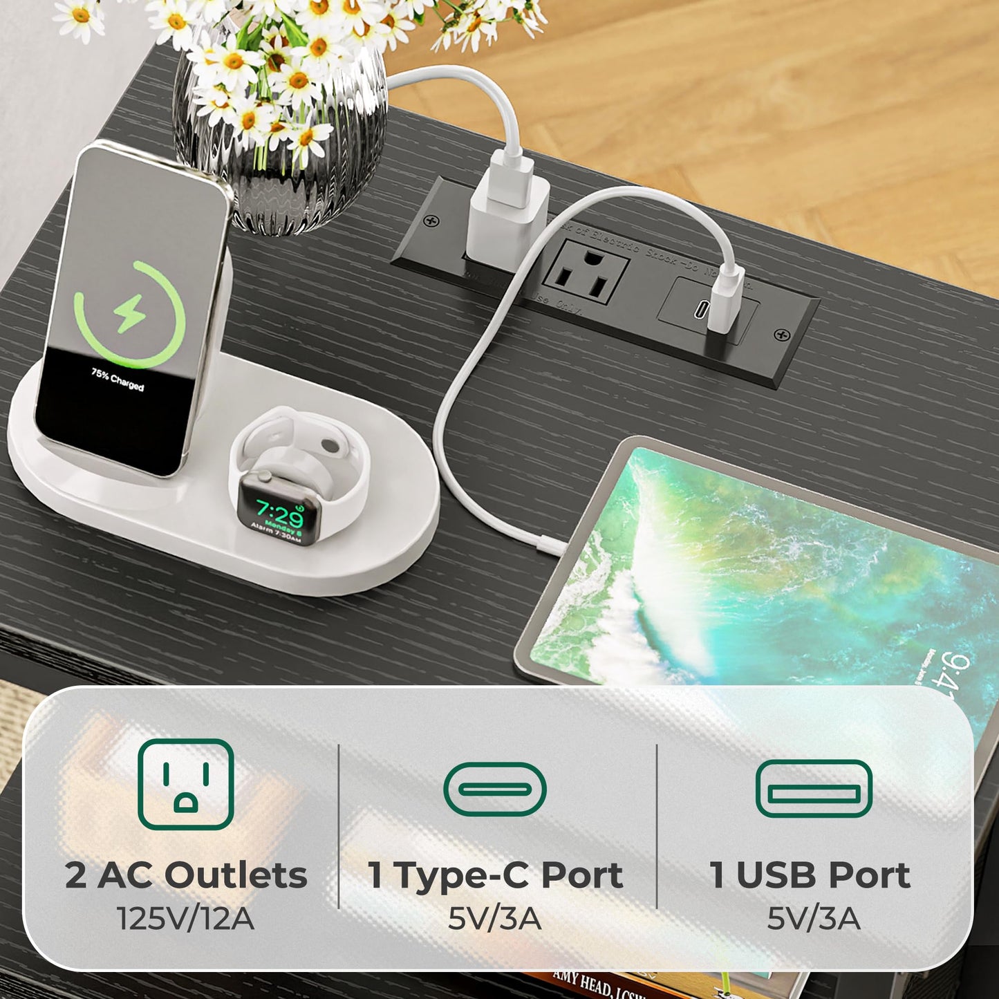 Huuger Nightstand with Charging Station, Side Table with Fabric Drawers, End Table with Open Shelf, Bedside Table with USB Ports and Outlets, Night Stand for Bedroom, Rustic Brown and Black