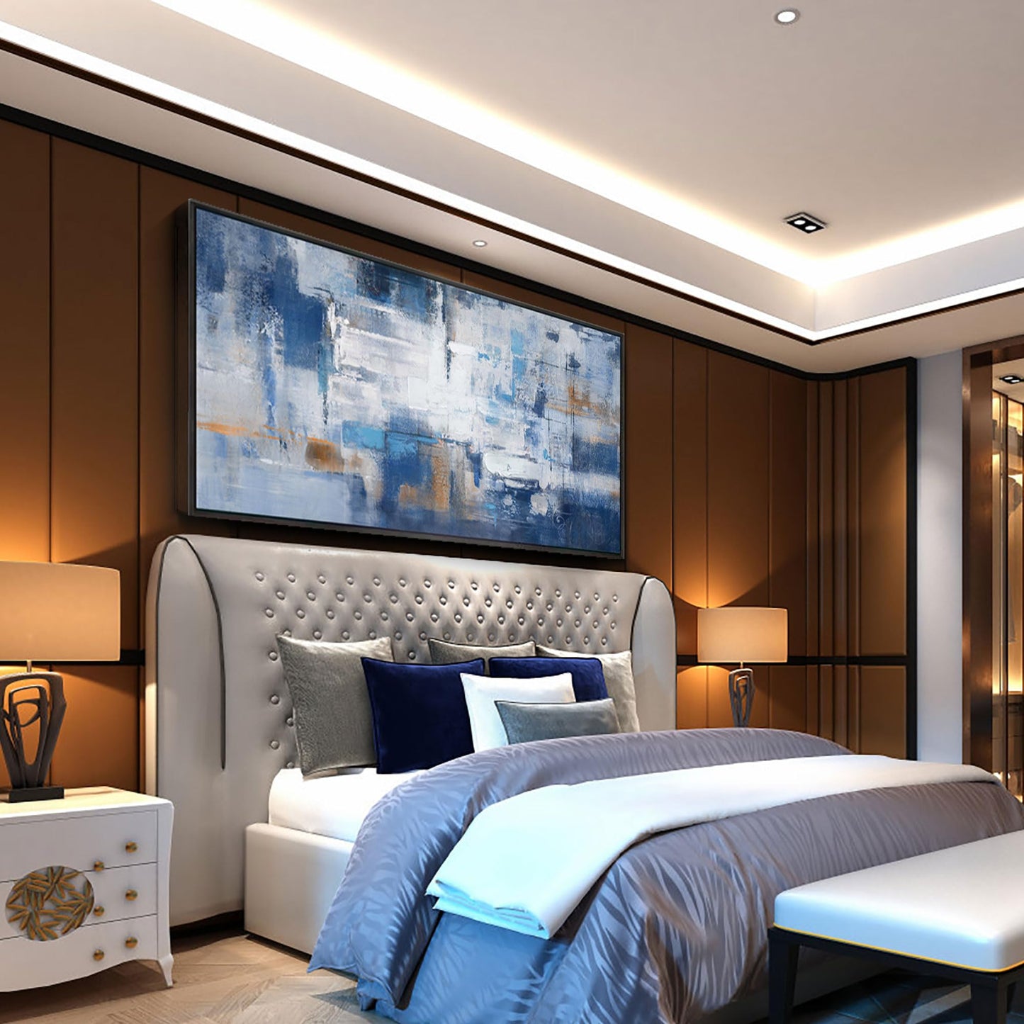 yiijeah Wall Art for Living Room - Framed Picture Artwork for Walls - Blue Wall Art 24x48 Inches Contemporary Abstract Wall Art Prints Canvas Painting Large Size Wall Art for Bedroom Office