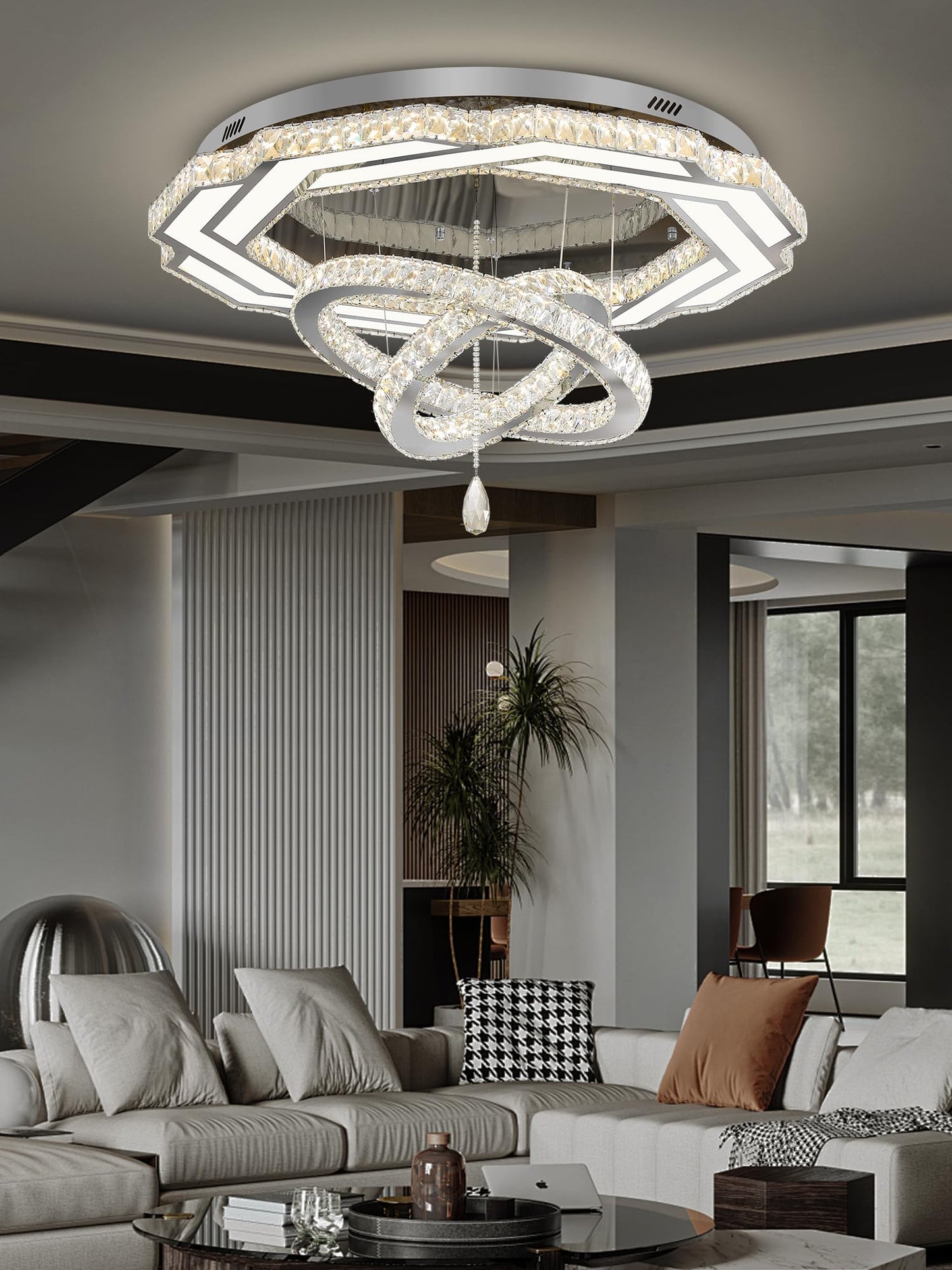 Flashing God Crystal Chandeliers Dia 32" Silver Elegant Chandelier Flush Mount Ceiling Light for Bedroom Living Room Dining Room Hallway Dimmable 3 Rings LED Celing Lighting Fixtures