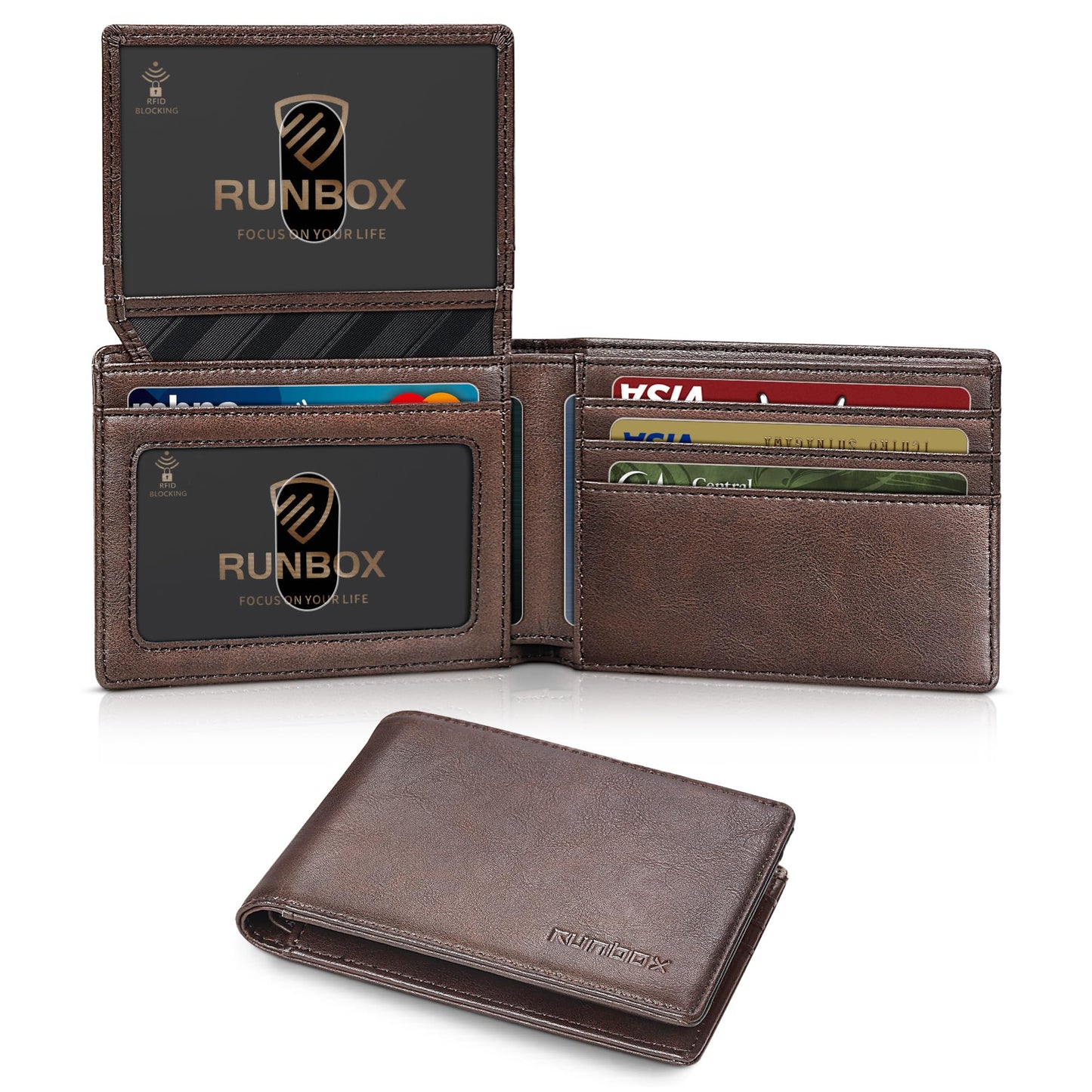 RUNBOX Wallet for Men Slim Rfid Leather 2 ID Window With Gift Box