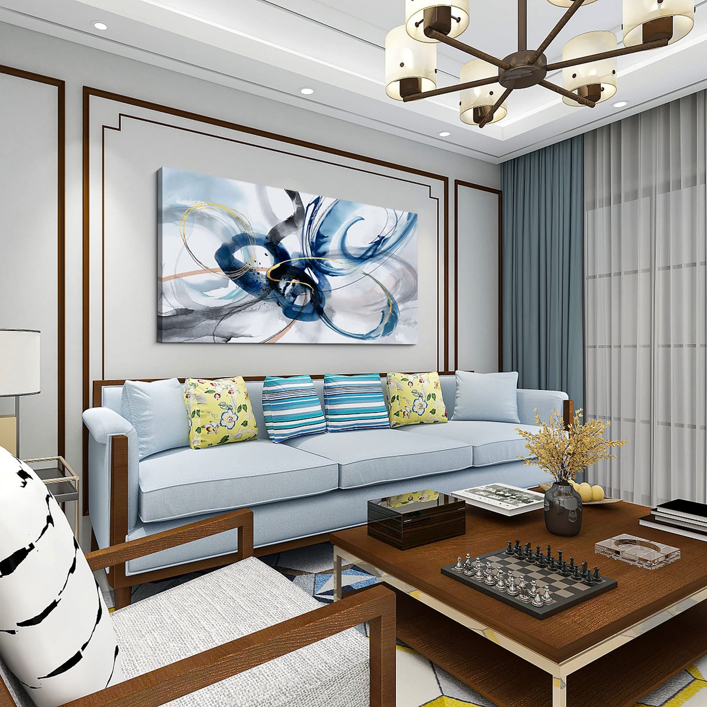 yiijeah Wall Art for Living Room - Framed Picture Artwork for Walls - Blue Wall Art 24x48 Inches Contemporary Abstract Wall Art Prints Canvas Painting Large Size Wall Art for Bedroom Office