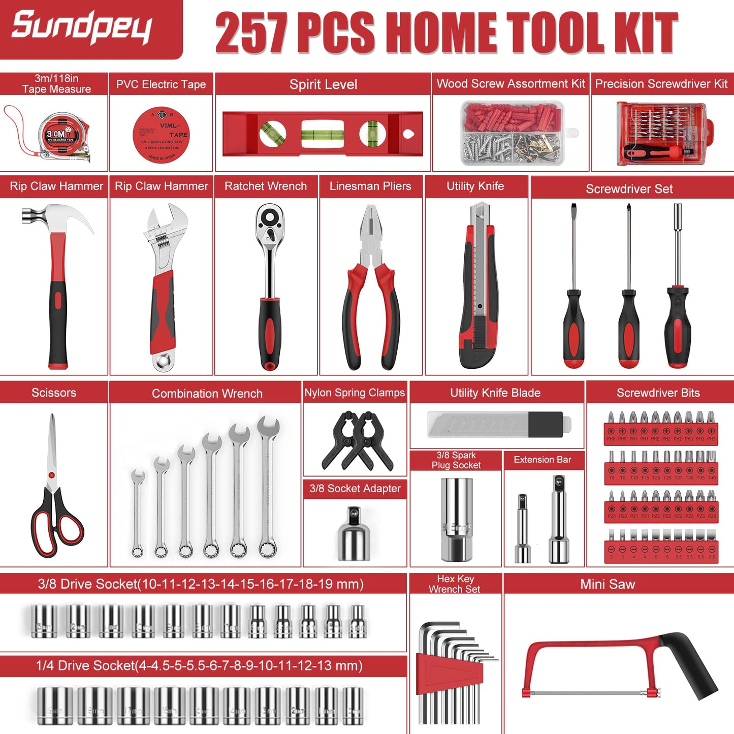 Sundpey Home Tool Kit 257-PCs - Household Basic Repair Tool Set for Men Women - General Hand Mechanic's Tool Set & Screwdriver Set & Wrench Set & Socket & Portable Tool Box Storage Case Blue