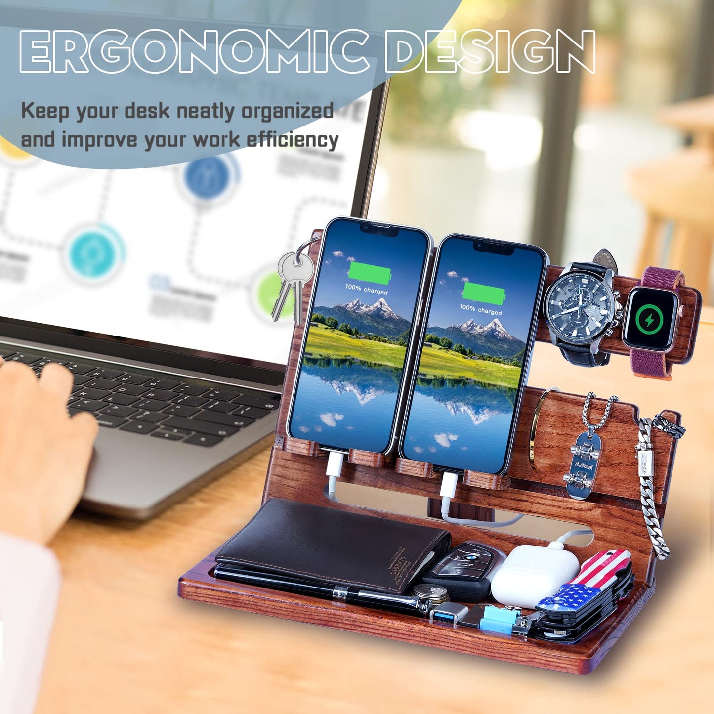 Gifts for Men Dad from Daughter Son Christmas, Wood Phone Docking Station with Drawer, Husband Birthday Gifts Him Boyfriend from Wife Anniversary Nightstand Organizer Xmas Stocking Stuffers