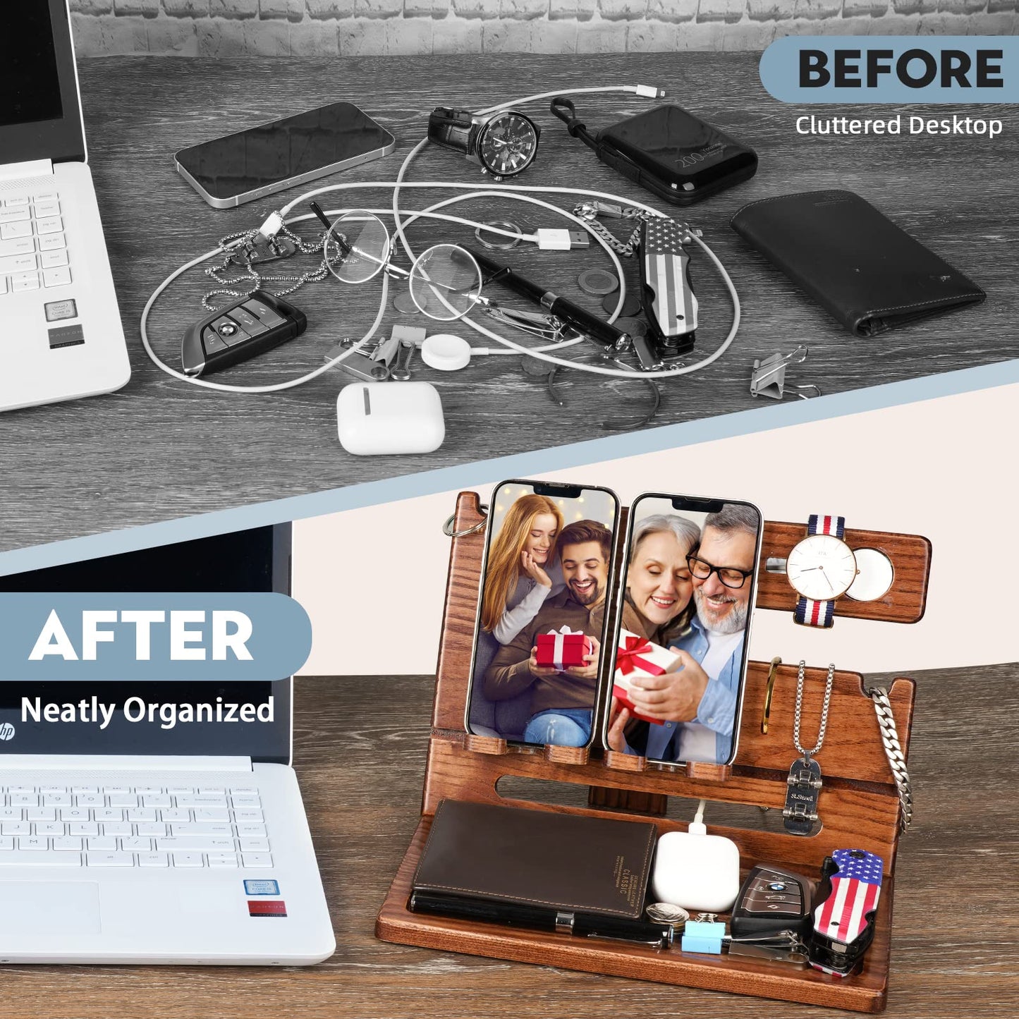 Gifts for Men Dad from Daughter Son Christmas, Wood Phone Docking Station with Drawer, Husband Birthday Gifts Him Boyfriend from Wife Anniversary Nightstand Organizer Xmas Stocking Stuffers