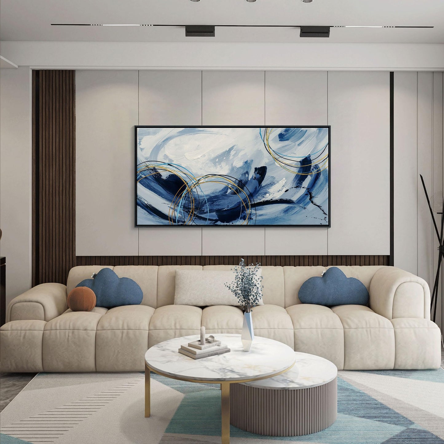 yiijeah Wall Art for Living Room - Framed Picture Artwork for Walls - Blue Wall Art 24x48 Inches Contemporary Abstract Wall Art Prints Canvas Painting Large Size Wall Art for Bedroom Office