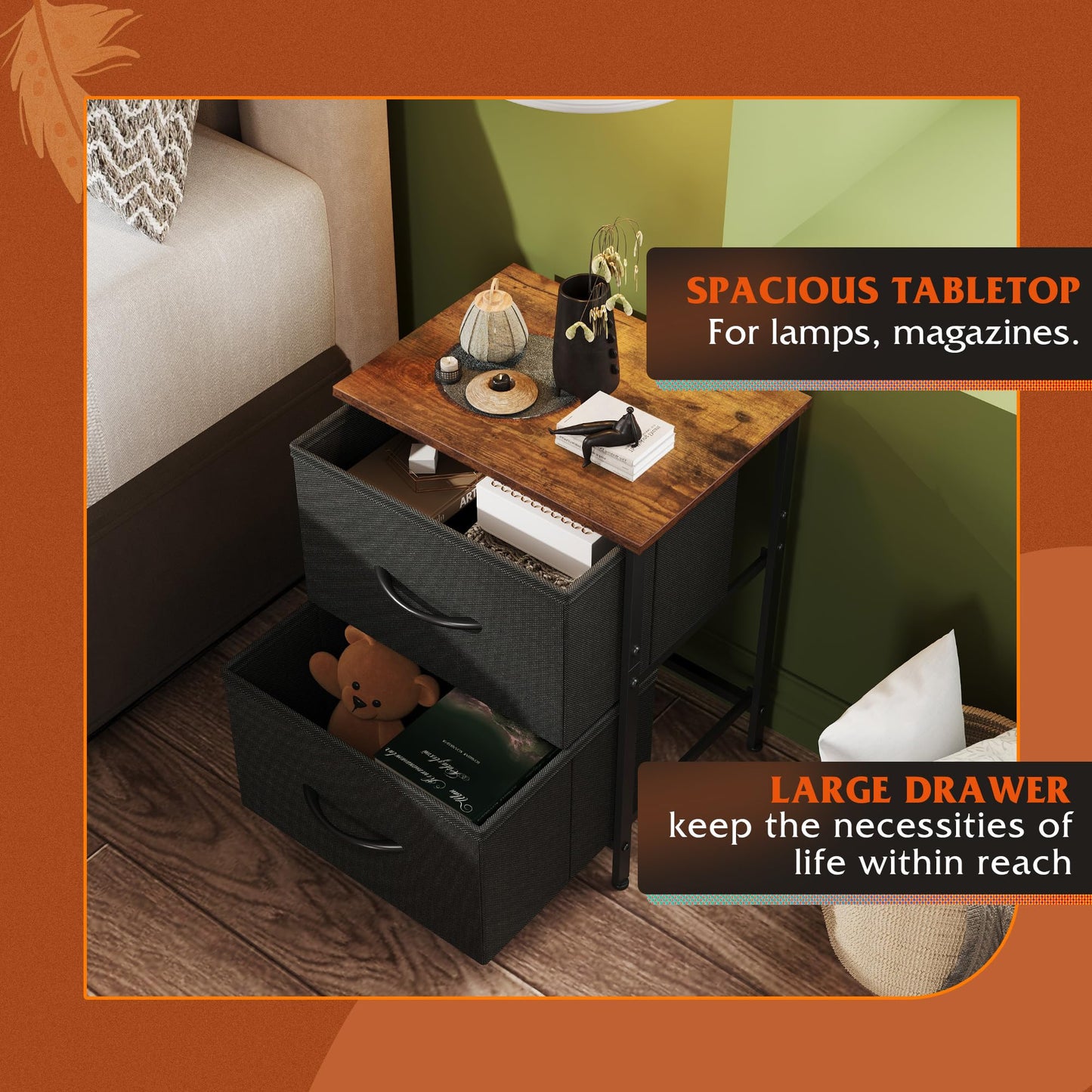 WLIVE Nightstand, 2 Drawer Dresser for Bedroom, Small Dresser with 2 Drawers, Bedside Furniture, Night Stand, End Table with Fabric Bins for Bedroom, Closet, Entryway, College Dorm, Dark Grey