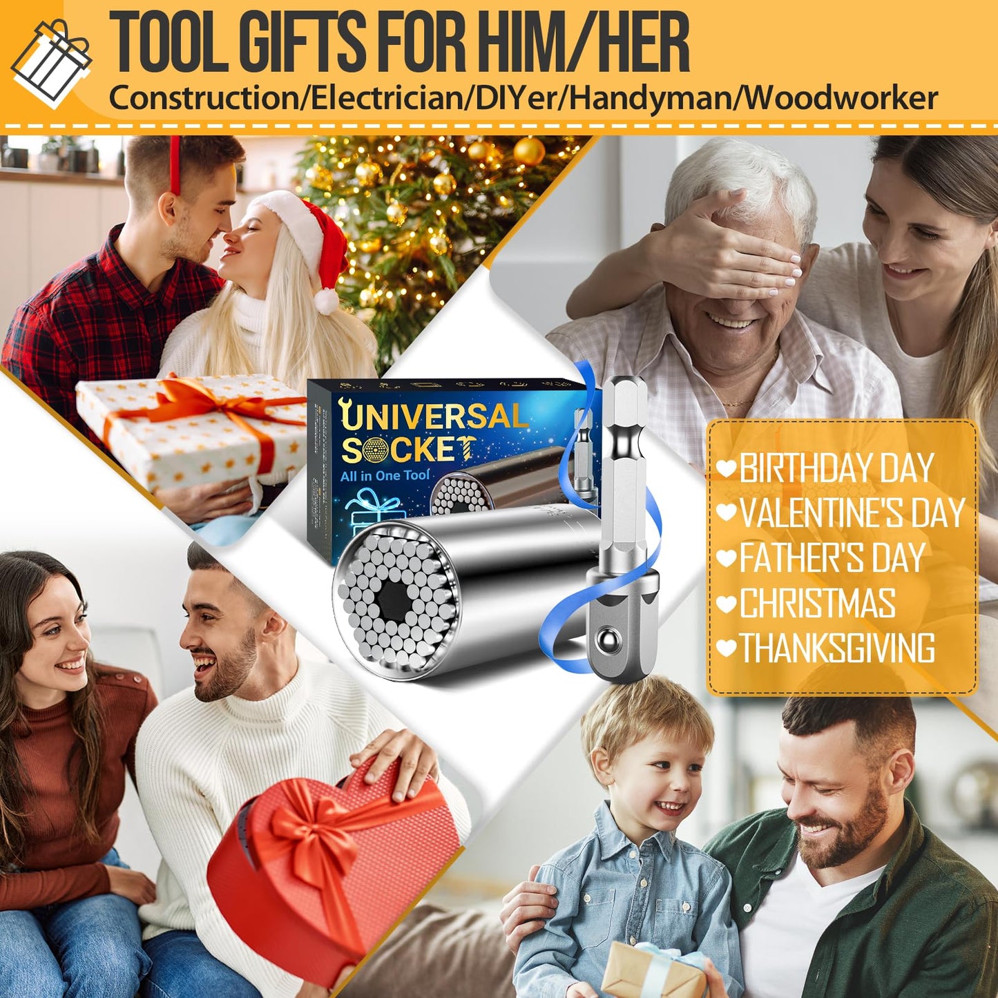 Stocking Stuffers for Men Adults Tools, Super Universal Socket Gifts for Men Grip Socket Set with Power Drill Adapter, Cool Gadgets Christmas Gift for Dad Men Husband Boyfriend Him Who Have Everything