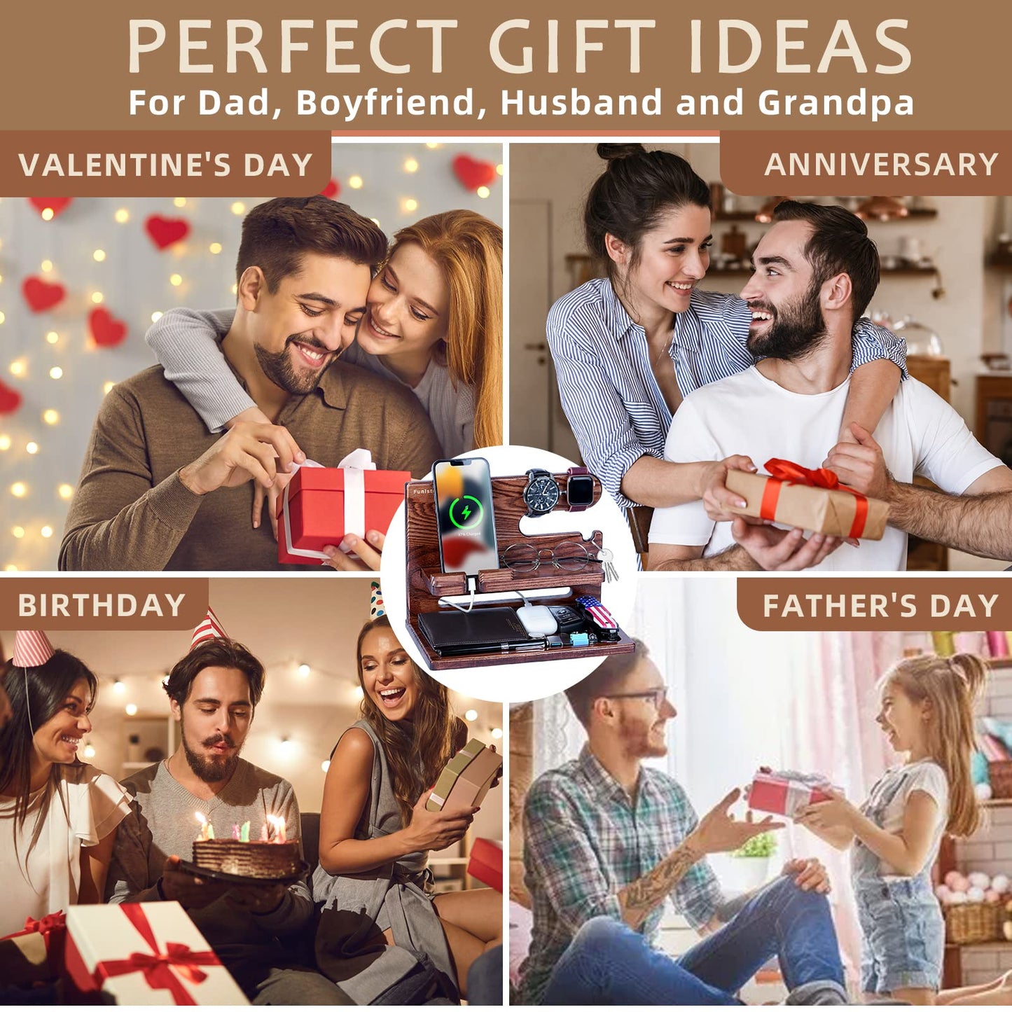 Gifts for Men Dad from Daughter Son Christmas, Wood Phone Docking Station with Drawer, Husband Birthday Gifts Him Boyfriend from Wife Anniversary Nightstand Organizer Xmas Stocking Stuffers