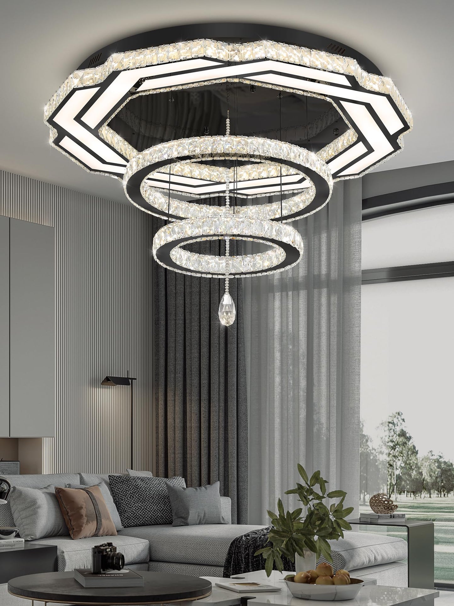 Flashing God Crystal Chandeliers Dia 32" Silver Elegant Chandelier Flush Mount Ceiling Light for Bedroom Living Room Dining Room Hallway Dimmable 3 Rings LED Celing Lighting Fixtures
