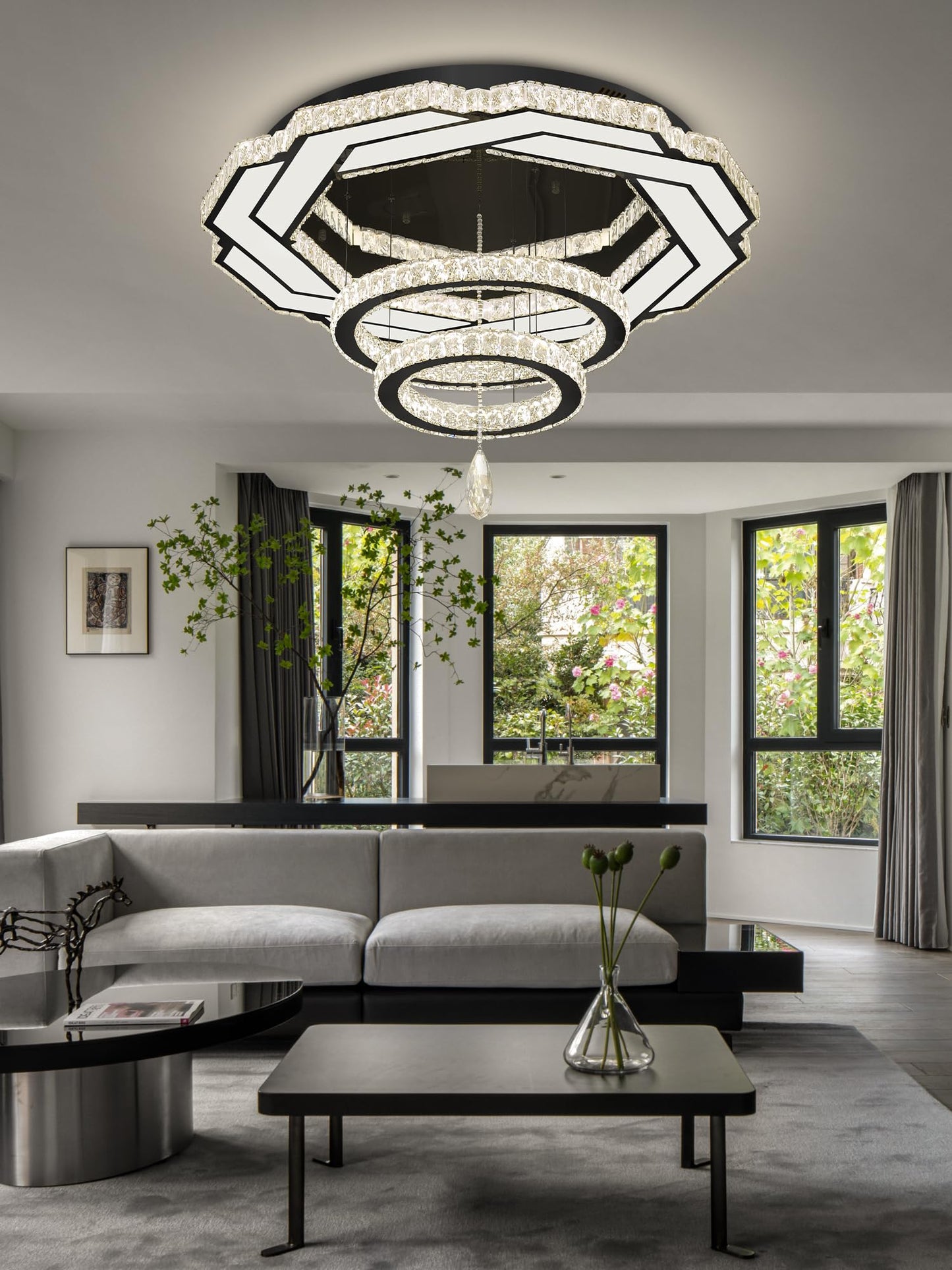 Flashing God Crystal Chandeliers Dia 32" Silver Elegant Chandelier Flush Mount Ceiling Light for Bedroom Living Room Dining Room Hallway Dimmable 3 Rings LED Celing Lighting Fixtures