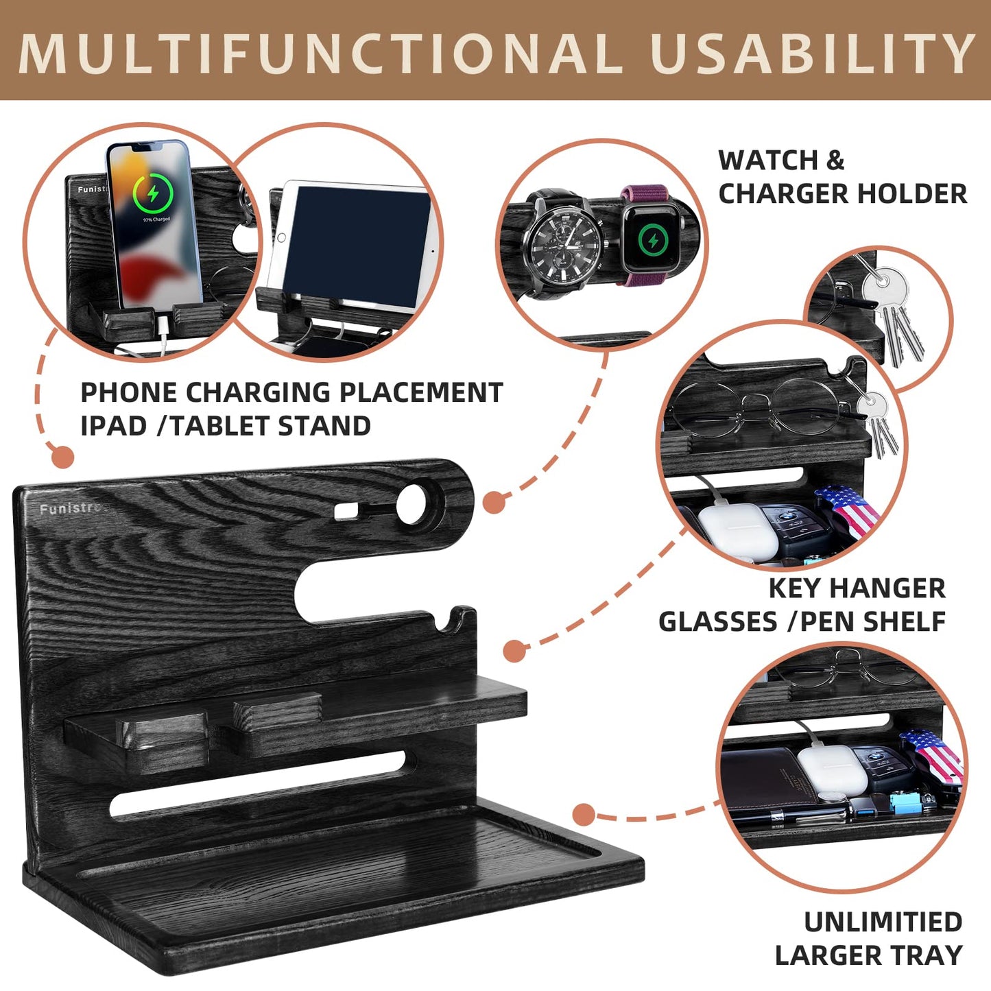 Gifts for Men Dad from Daughter Son Christmas, Wood Phone Docking Station with Drawer, Husband Birthday Gifts Him Boyfriend from Wife Anniversary Nightstand Organizer Xmas Stocking Stuffers