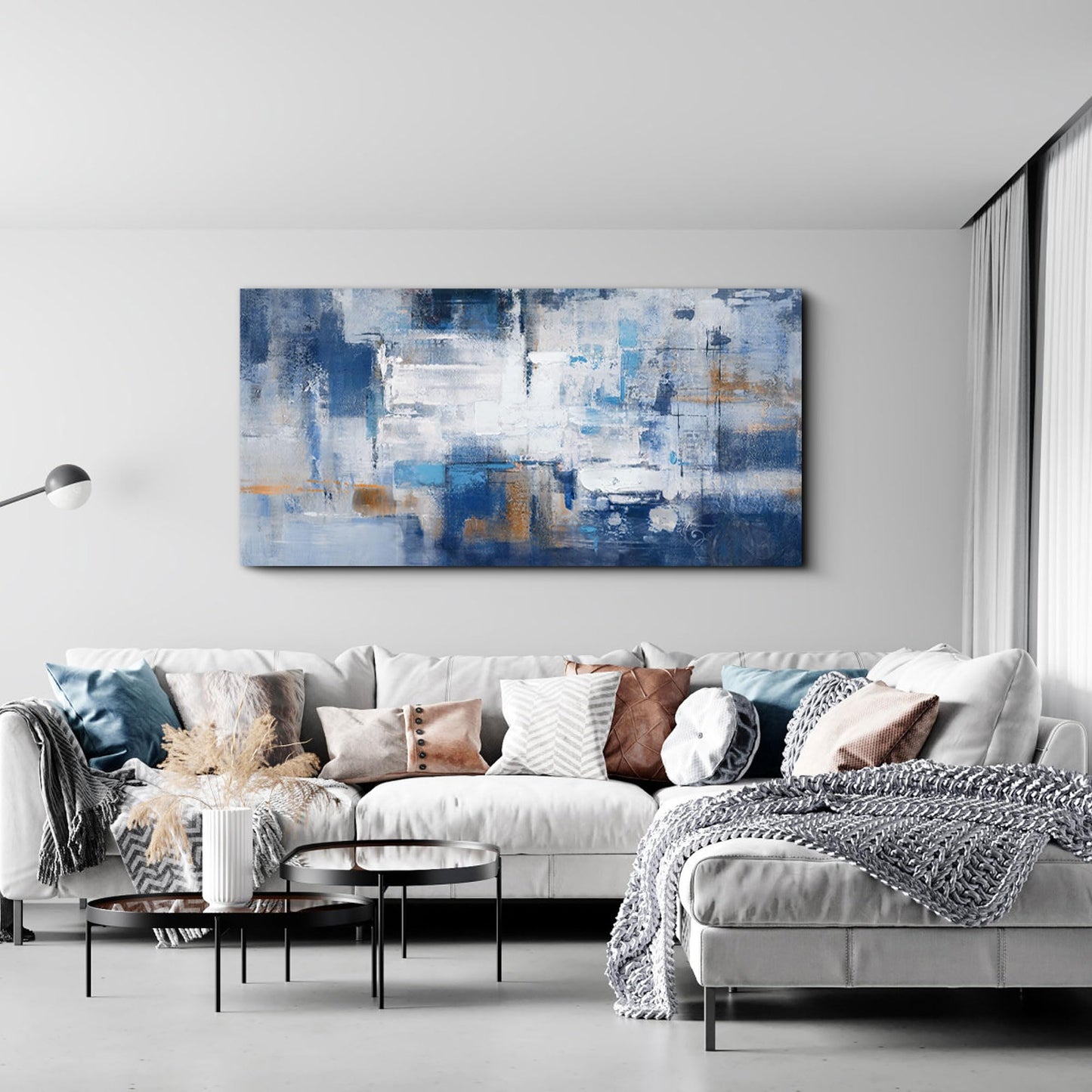 yiijeah Wall Art for Living Room - Framed Picture Artwork for Walls - Blue Wall Art 24x48 Inches Contemporary Abstract Wall Art Prints Canvas Painting Large Size Wall Art for Bedroom Office