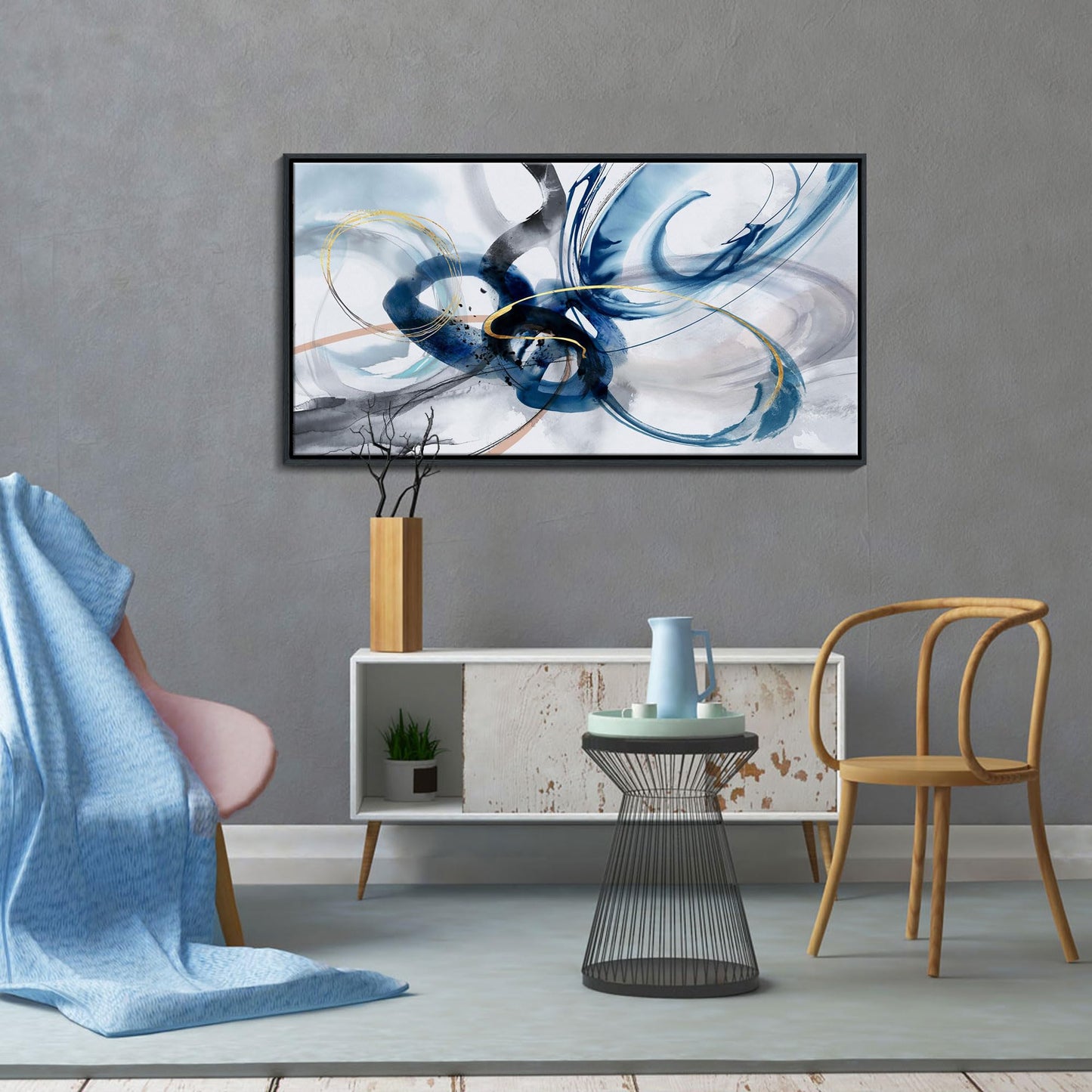 yiijeah Wall Art for Living Room - Framed Picture Artwork for Walls - Blue Wall Art 24x48 Inches Contemporary Abstract Wall Art Prints Canvas Painting Large Size Wall Art for Bedroom Office