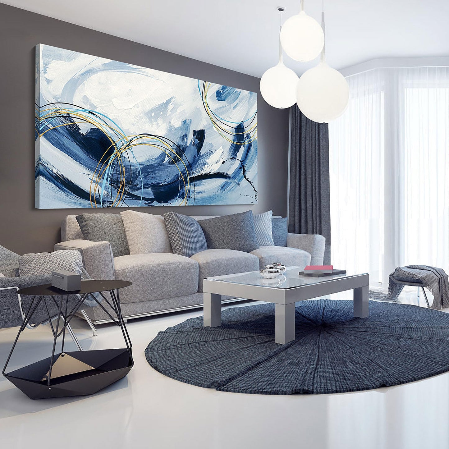 yiijeah Wall Art for Living Room - Framed Picture Artwork for Walls - Blue Wall Art 24x48 Inches Contemporary Abstract Wall Art Prints Canvas Painting Large Size Wall Art for Bedroom Office