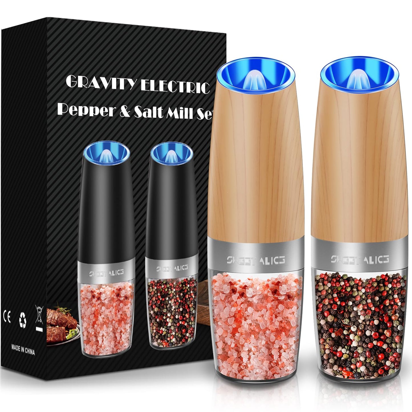 Gravity Electric Pepper and Salt Grinder Set, Salt and Pepper Mill & Adjustable Coarseness, Battery Powered with LED Light, One Hand Automatic Operation, Stainless Steel (Set/Silver)