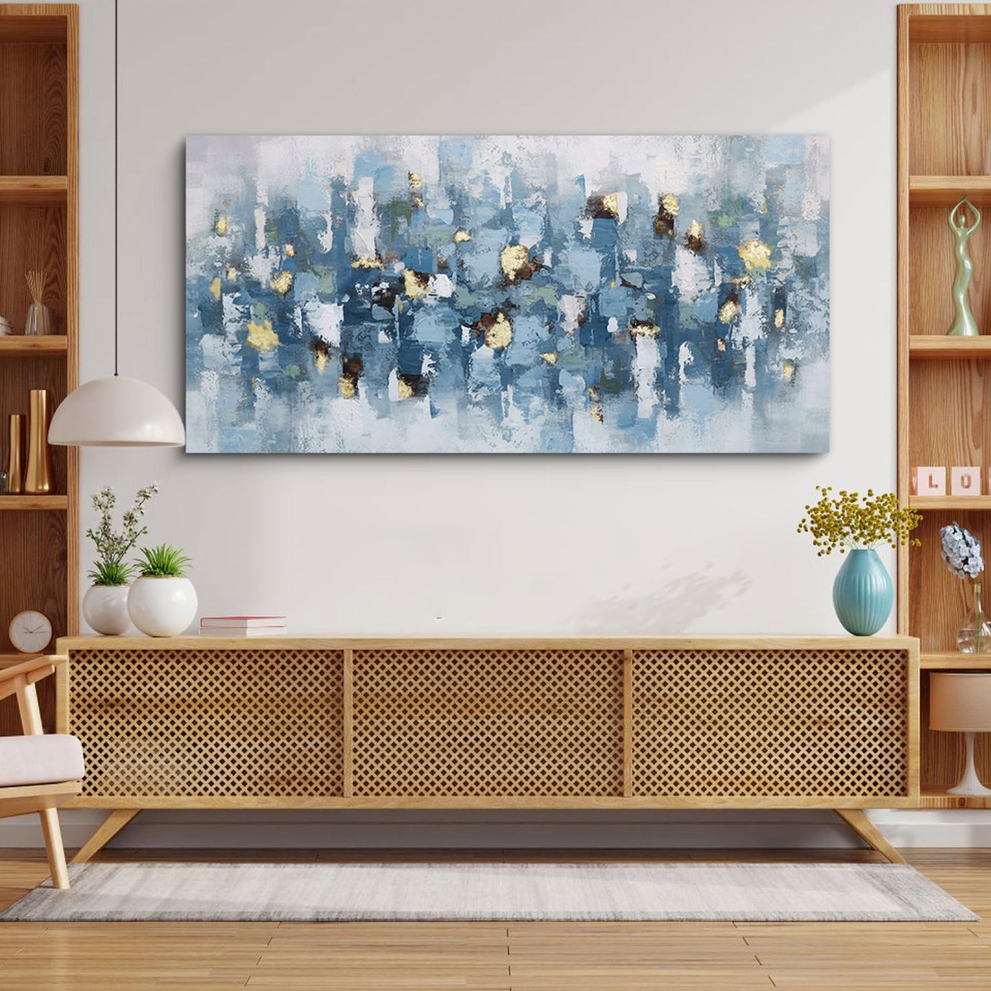 yiijeah Wall Art for Living Room - Framed Picture Artwork for Walls - Blue Wall Art 24x48 Inches Contemporary Abstract Wall Art Prints Canvas Painting Large Size Wall Art for Bedroom Office