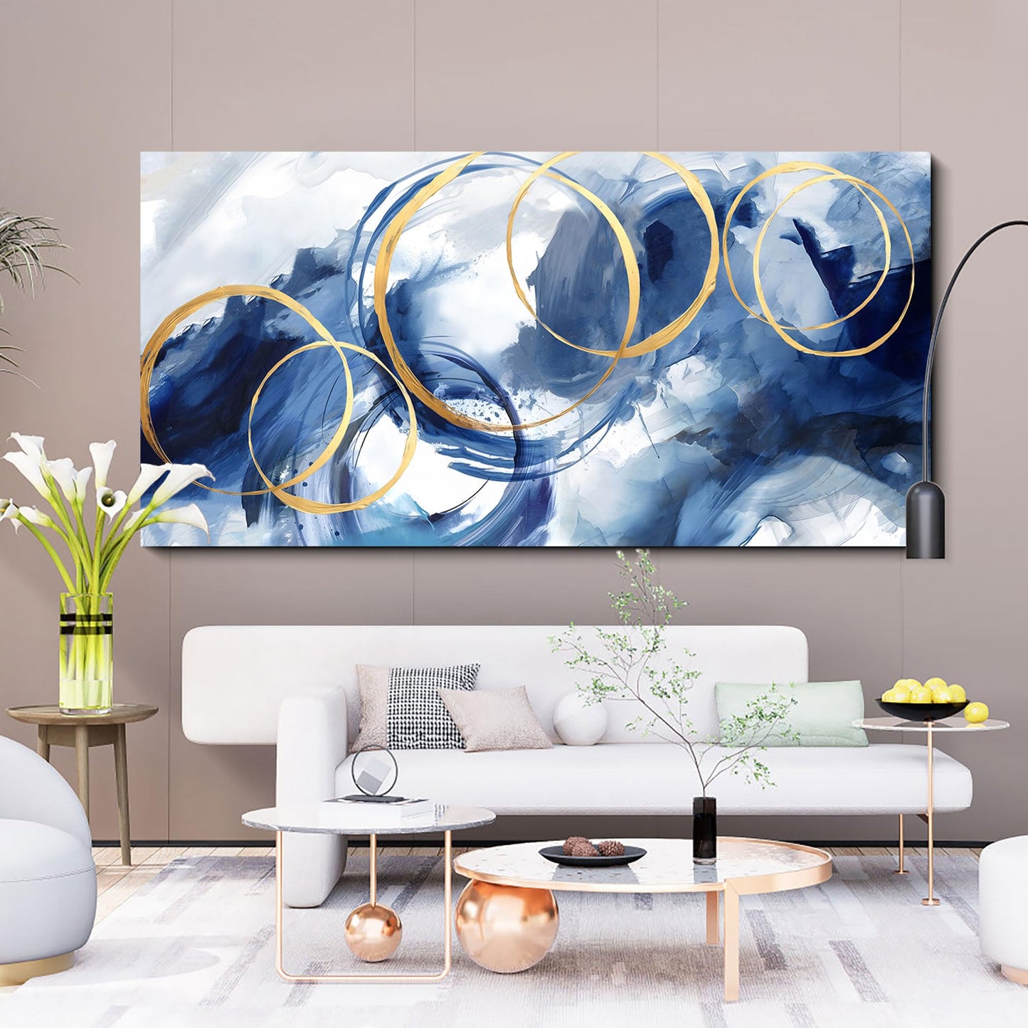 yiijeah Wall Art for Living Room - Framed Picture Artwork for Walls - Blue Wall Art 24x48 Inches Contemporary Abstract Wall Art Prints Canvas Painting Large Size Wall Art for Bedroom Office