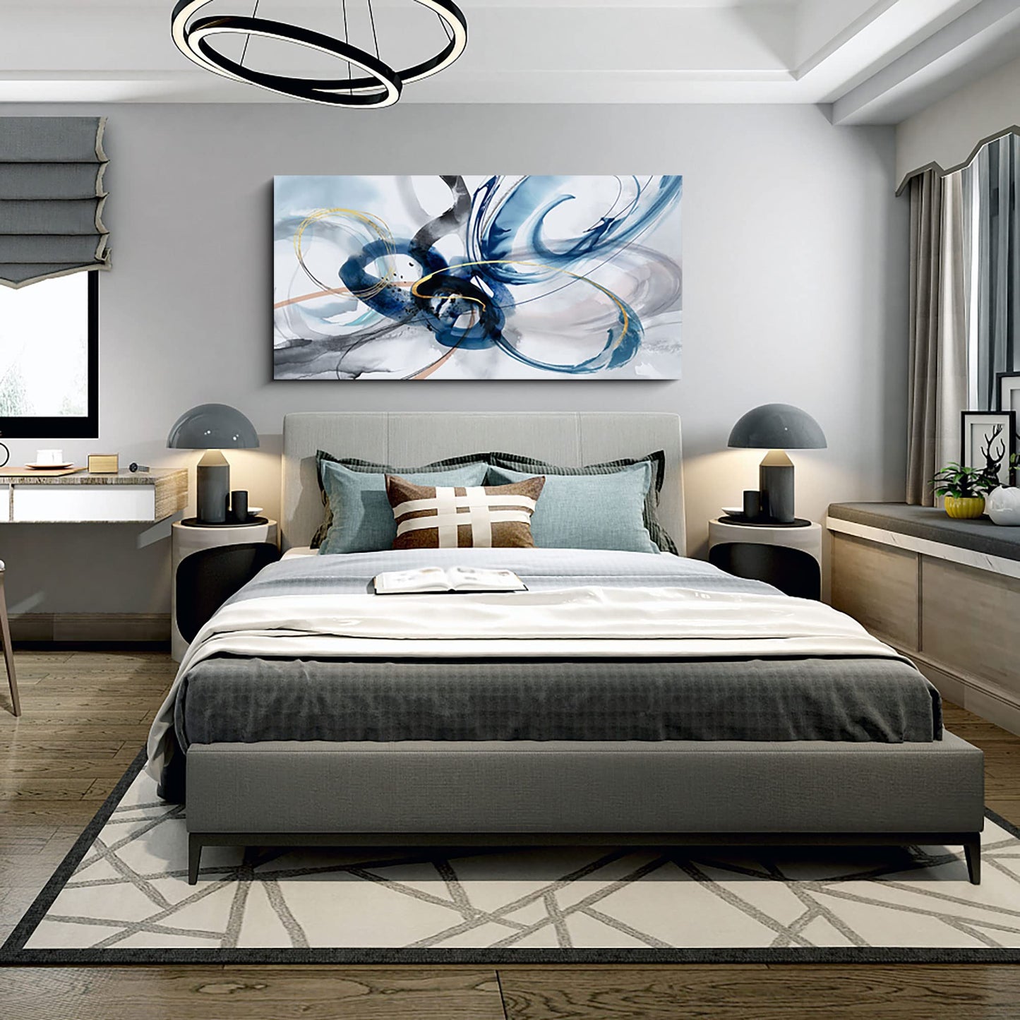 yiijeah Wall Art for Living Room - Framed Picture Artwork for Walls - Blue Wall Art 24x48 Inches Contemporary Abstract Wall Art Prints Canvas Painting Large Size Wall Art for Bedroom Office