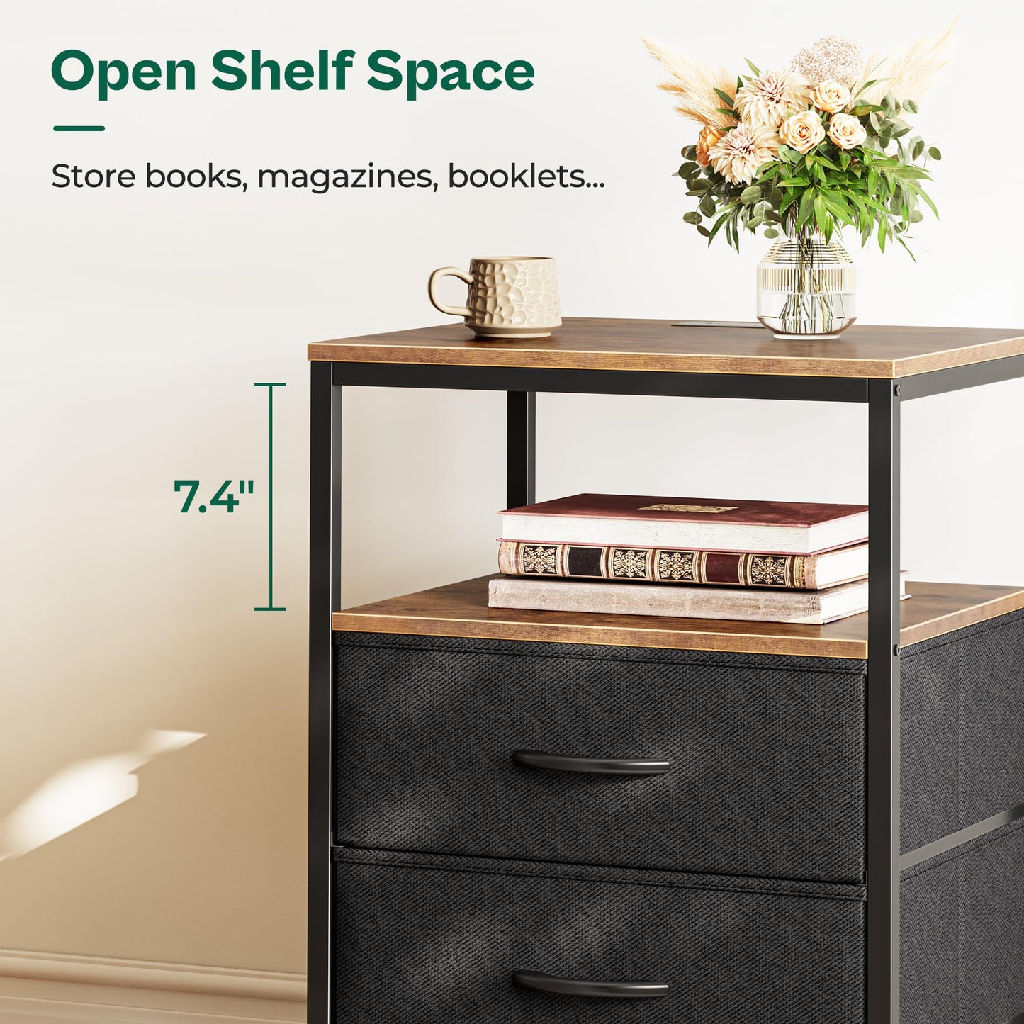 Huuger Nightstand with Charging Station, Side Table with Fabric Drawers, End Table with Open Shelf, Bedside Table with USB Ports and Outlets, Night Stand for Bedroom, Rustic Brown and Black