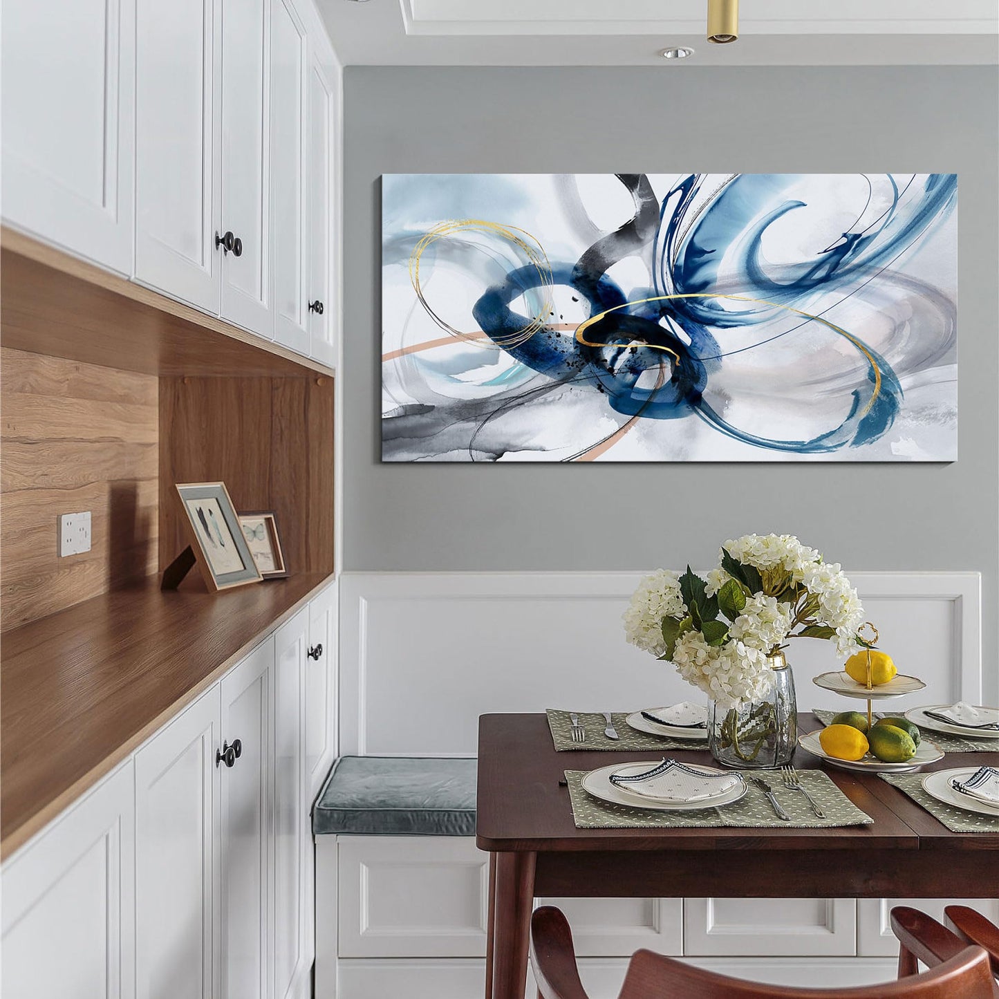 yiijeah Wall Art for Living Room - Framed Picture Artwork for Walls - Blue Wall Art 24x48 Inches Contemporary Abstract Wall Art Prints Canvas Painting Large Size Wall Art for Bedroom Office