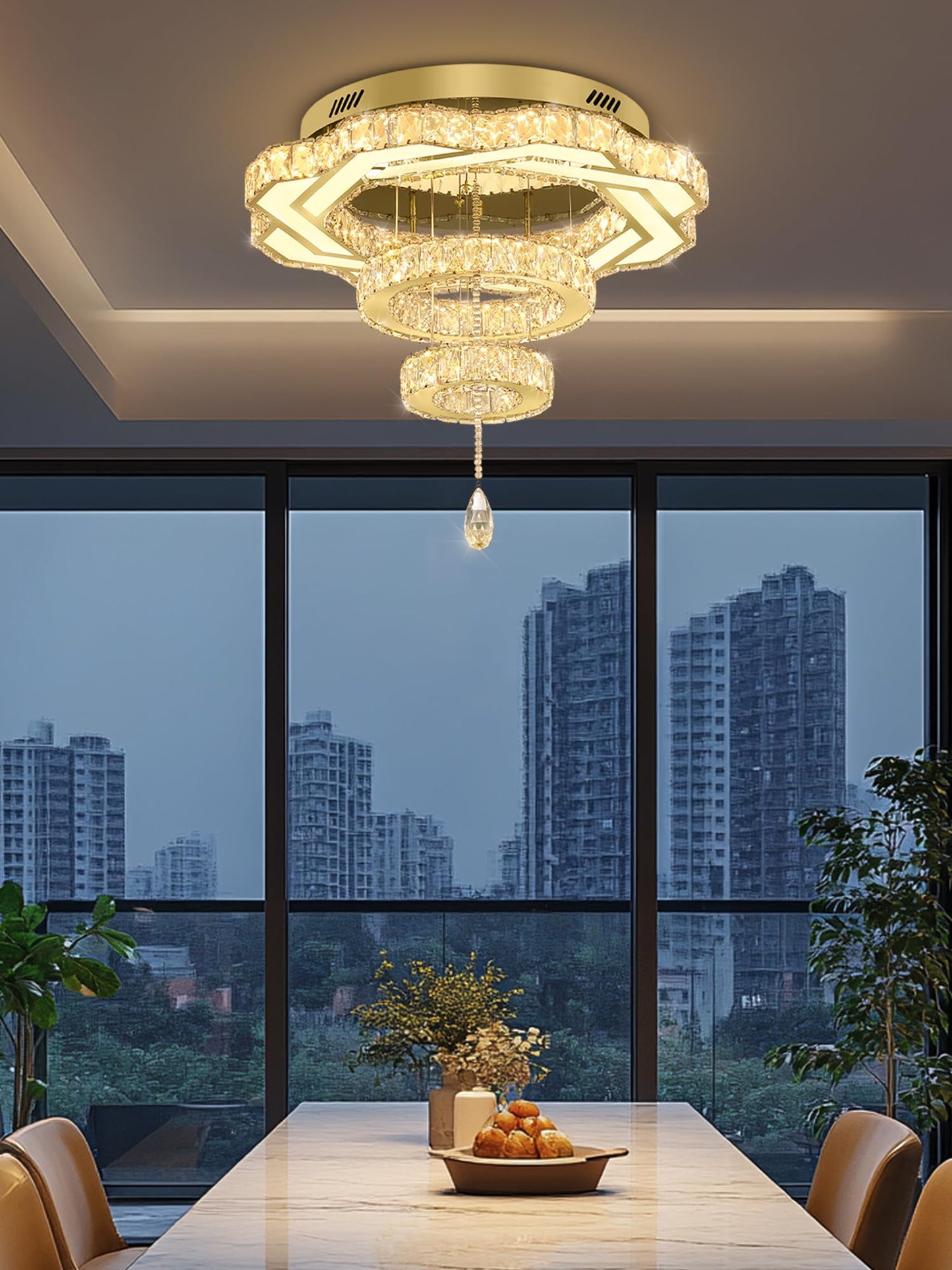 Flashing God Crystal Chandeliers Dia 32" Silver Elegant Chandelier Flush Mount Ceiling Light for Bedroom Living Room Dining Room Hallway Dimmable 3 Rings LED Celing Lighting Fixtures