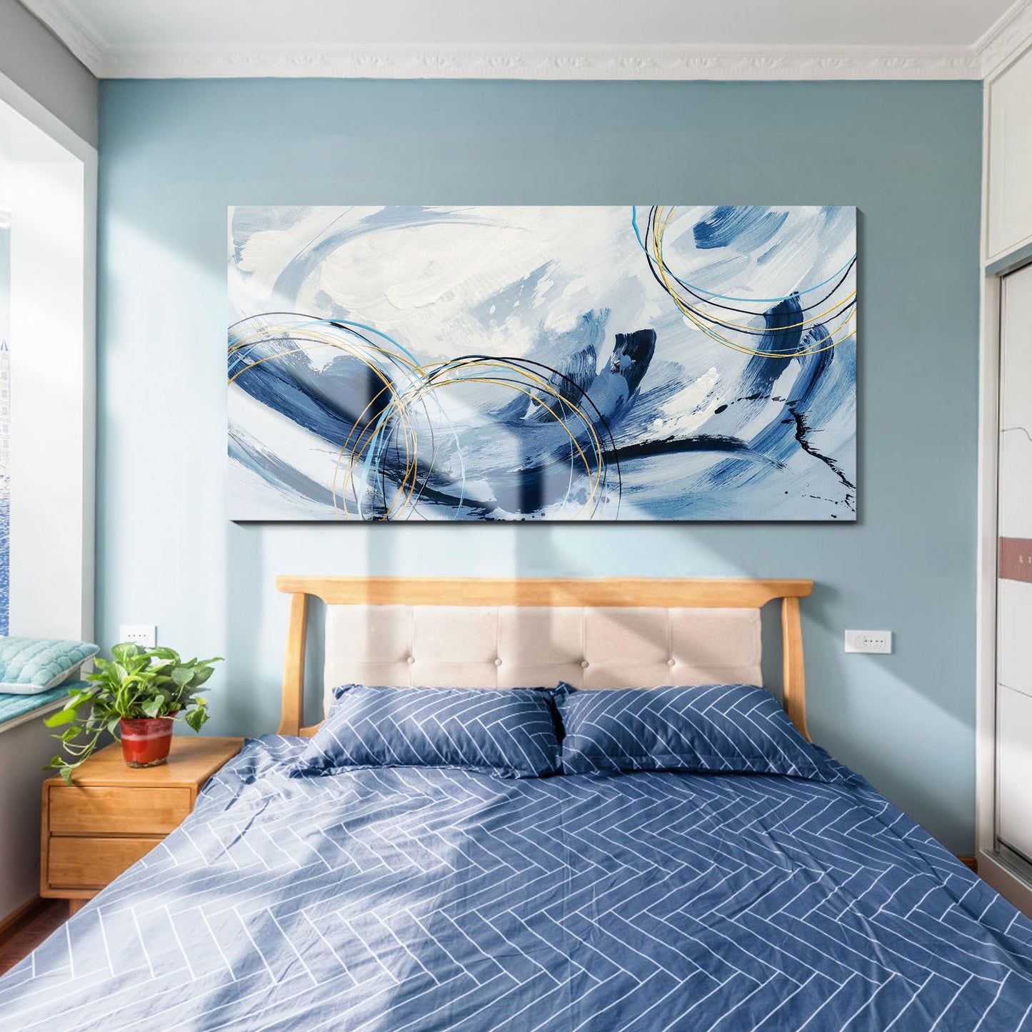 yiijeah Wall Art for Living Room - Framed Picture Artwork for Walls - Blue Wall Art 24x48 Inches Contemporary Abstract Wall Art Prints Canvas Painting Large Size Wall Art for Bedroom Office