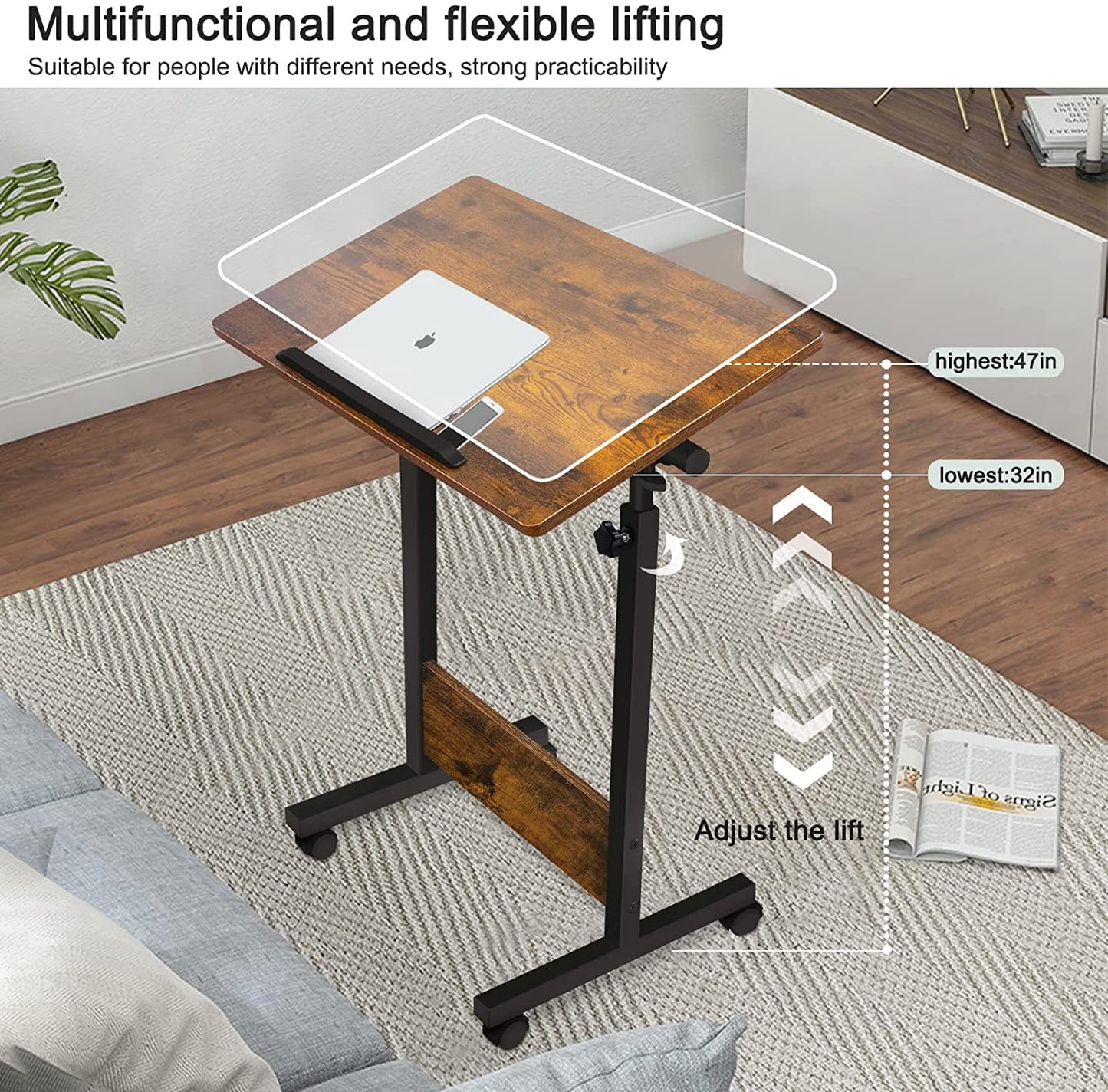KOUPA Height Adjustable Mobile Standing Desk 16×24 in,360° Flip Desk Stand Desk Home Office Table Standing Desk for Small Space Offices,Easy to Assemble(Rustic Brown Desktop)