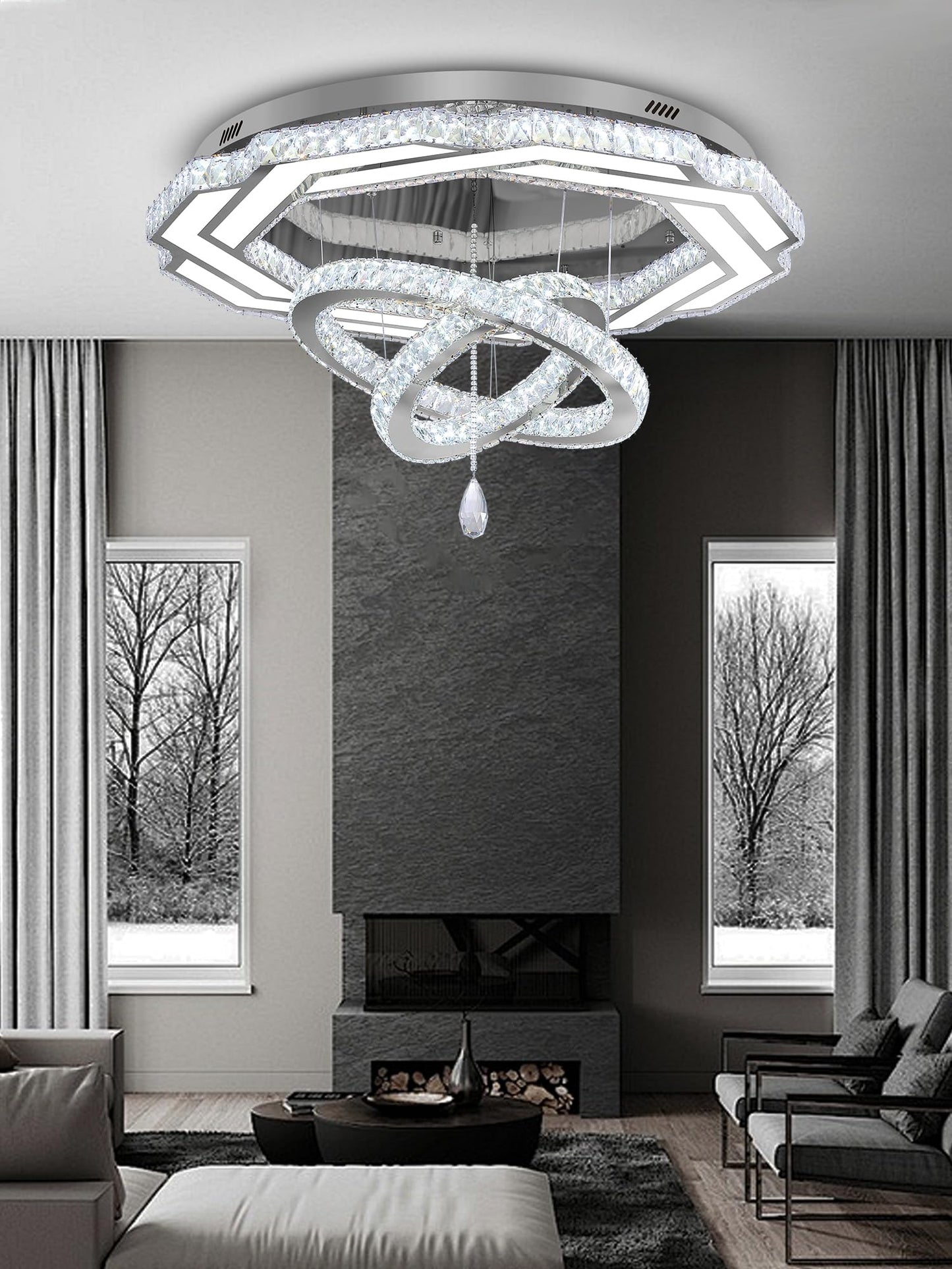 Flashing God Crystal Chandeliers Dia 32" Silver Elegant Chandelier Flush Mount Ceiling Light for Bedroom Living Room Dining Room Hallway Dimmable 3 Rings LED Celing Lighting Fixtures