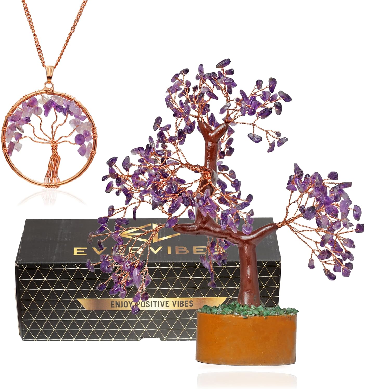 Ever Vibes Amethyst Chakra Gemstone Money Tree of Life with Necklace - Spiritual Decor, Feng Shui Healing Crystal, Handmade Tree Figurine Gift for Good Luck, Fortune, Wealth, Home Office Desk Decor