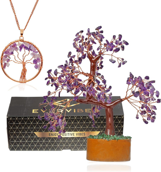 Ever Vibes Amethyst Chakra Gemstone Money Tree of Life with Necklace - Spiritual Decor, Feng Shui Healing Crystal, Handmade Tree Figurine Gift for Good Luck, Fortune, Wealth, Home Office Desk Decor