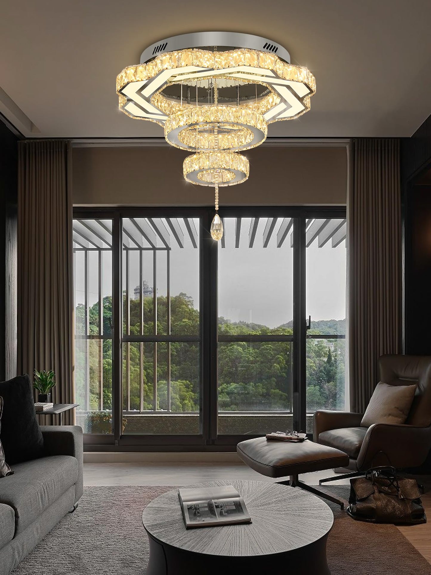 Flashing God Crystal Chandeliers Dia 32" Silver Elegant Chandelier Flush Mount Ceiling Light for Bedroom Living Room Dining Room Hallway Dimmable 3 Rings LED Celing Lighting Fixtures