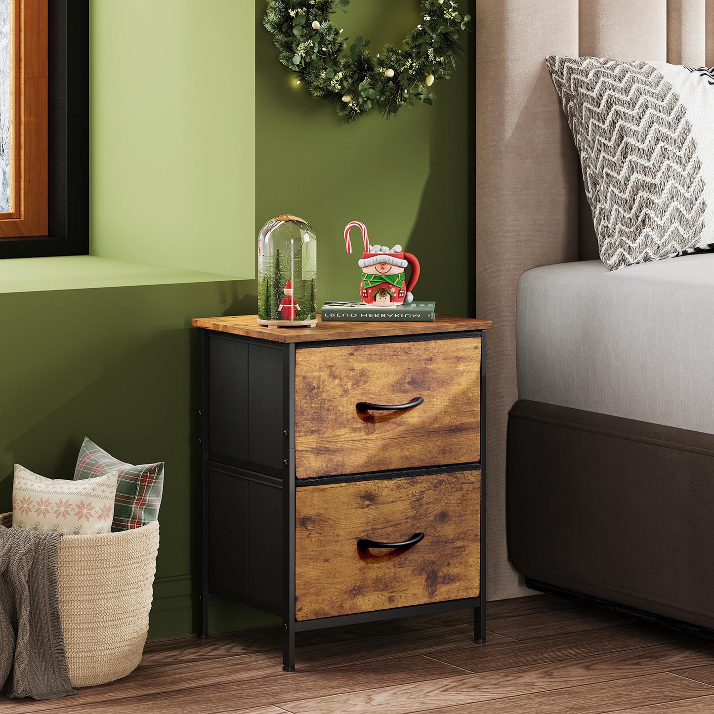 WLIVE Nightstand, 2 Drawer Dresser for Bedroom, Small Dresser with 2 Drawers, Bedside Furniture, Night Stand, End Table with Fabric Bins for Bedroom, Closet, Entryway, College Dorm, Dark Grey