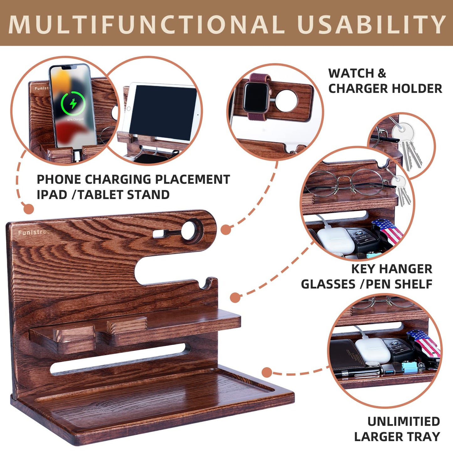 Gifts for Men Dad from Daughter Son Christmas, Wood Phone Docking Station with Drawer, Husband Birthday Gifts Him Boyfriend from Wife Anniversary Nightstand Organizer Xmas Stocking Stuffers