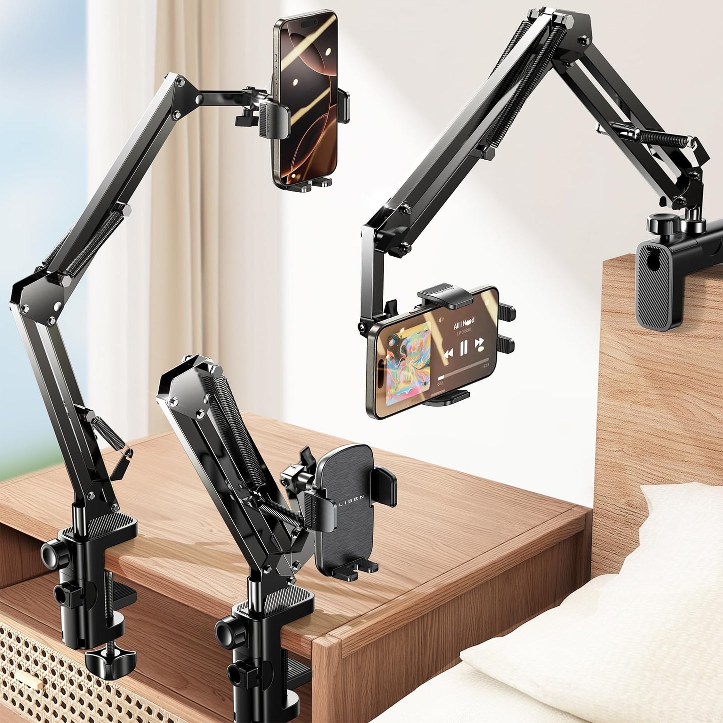 LISEN for Gooseneck Phone Holder for Bed Desk [3rd Upgrade] Cell Phone Stand for Desk Bed iPhone Holder Laying Down Bed Accessories,Flexible Arm Clamp Clip Phone Mount Stand for Filming Fits iPhone 16