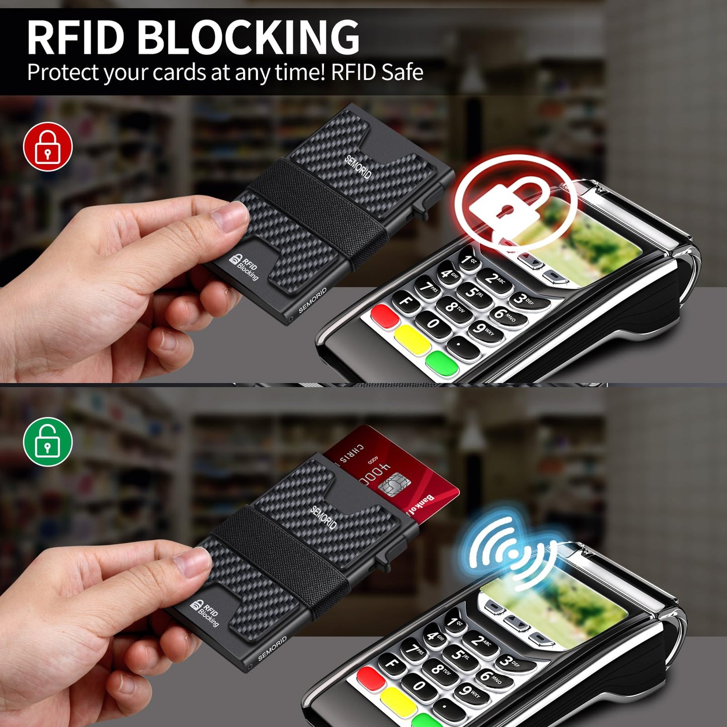 Slim Aluminum Card Holder Wallet for Men, Durable Expandable Backplate, RFID Blocking Minimalist Metal Pop Up Wallet, Holds 12+ Cards Plus Cash (Black)