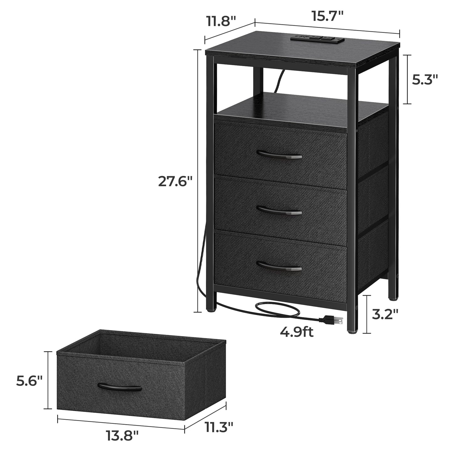 Huuger Nightstand with Charging Station, Side Table with Fabric Drawers, End Table with Open Shelf, Bedside Table with USB Ports and Outlets, Night Stand for Bedroom, Rustic Brown and Black