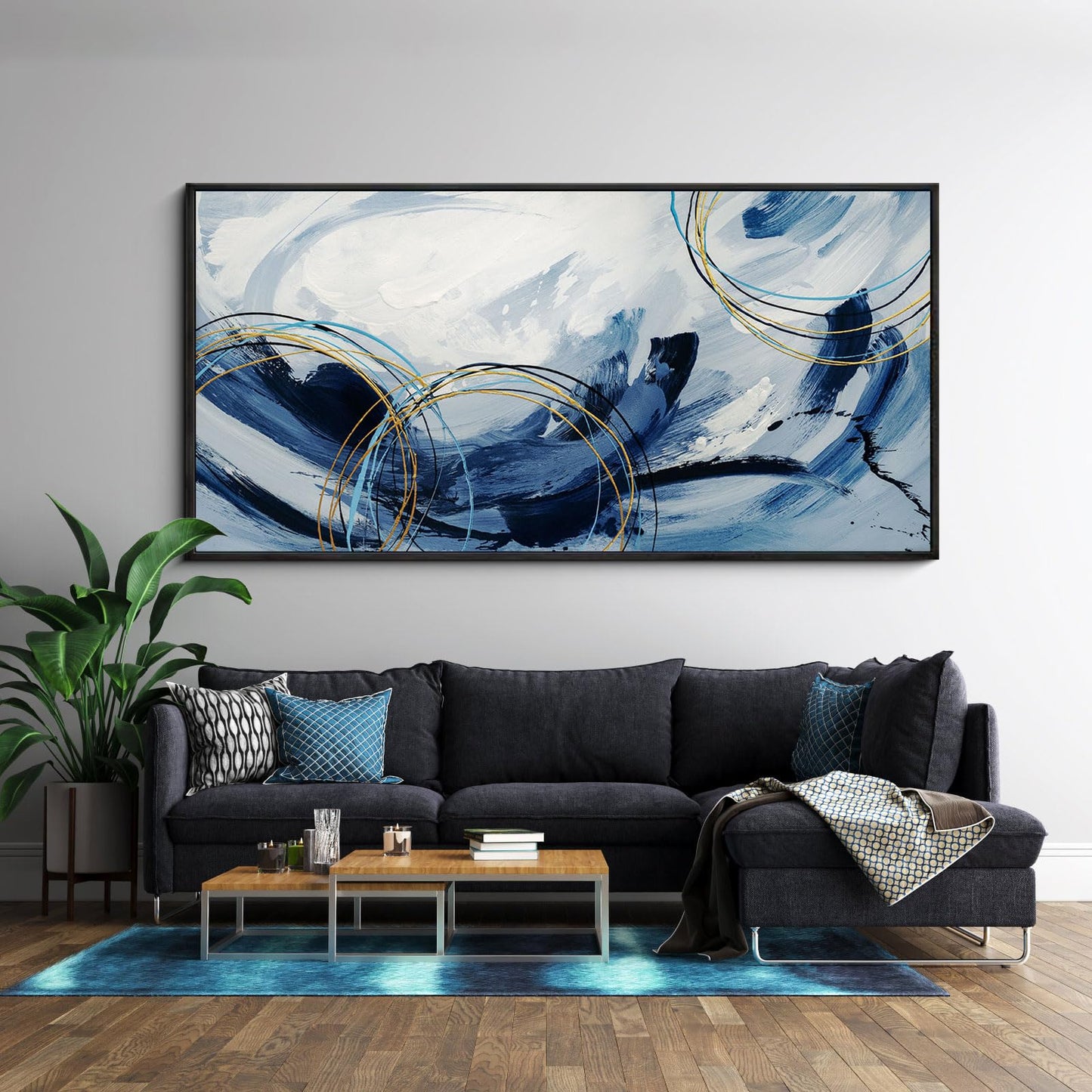 yiijeah Wall Art for Living Room - Framed Picture Artwork for Walls - Blue Wall Art 24x48 Inches Contemporary Abstract Wall Art Prints Canvas Painting Large Size Wall Art for Bedroom Office