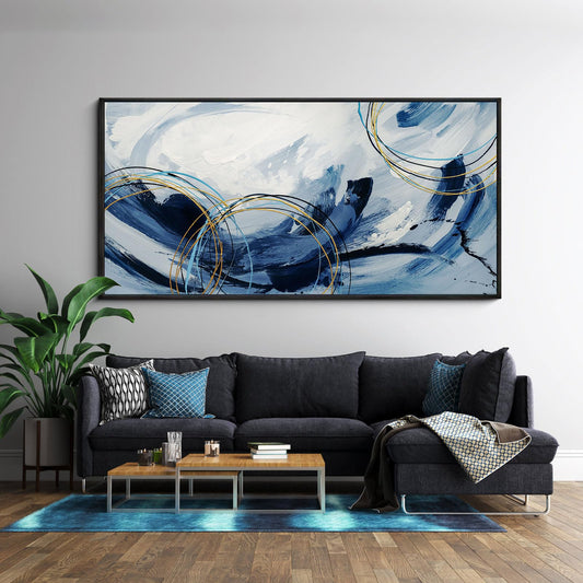 yiijeah Wall Art for Living Room - Framed Picture Artwork for Walls - Blue Wall Art 24x48 Inches Contemporary Abstract Wall Art Prints Canvas Painting Large Size Wall Art for Bedroom Office