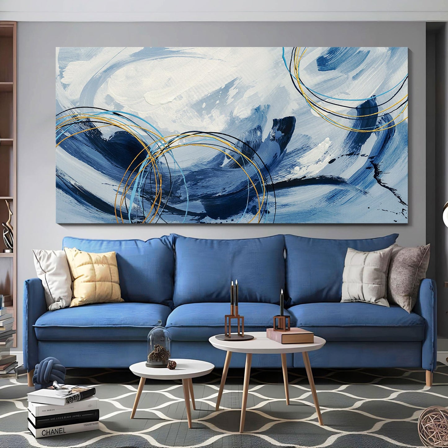 yiijeah Wall Art for Living Room - Framed Picture Artwork for Walls - Blue Wall Art 24x48 Inches Contemporary Abstract Wall Art Prints Canvas Painting Large Size Wall Art for Bedroom Office