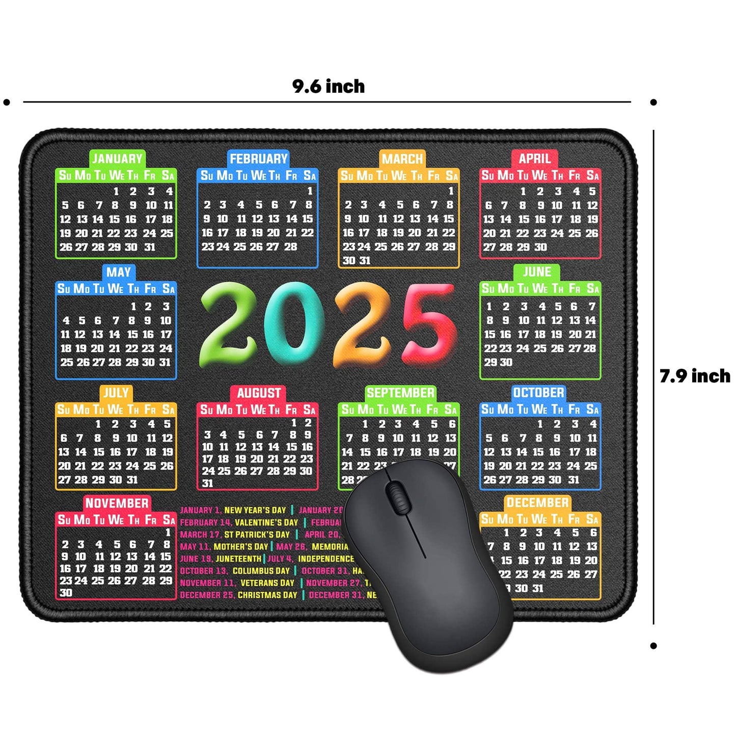 Mouse Pad with Stitched Edge, Computer Mouse Pad with Non-Slip Rubber Base, Mouse Pads for Computers Laptop Mouse 9.6x7.9x0.1 inch, (2025 Calendar Black)