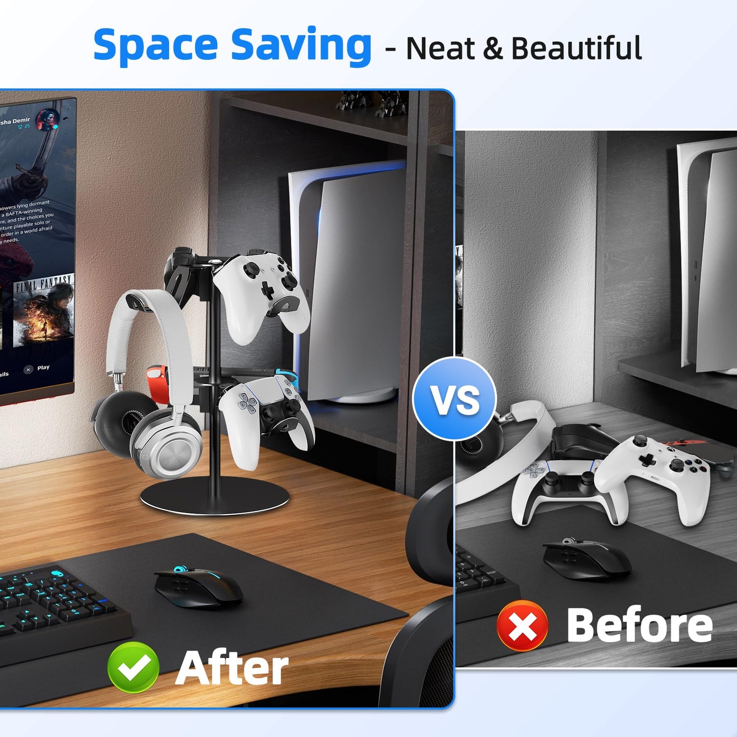 Controller Holder 2 Aluminum Alloy Tier,Headphone Stand - Gaming Controller Stand for Xbox PS5 PS4 Switch,Gaming Controller Headset Holder for Universal Gaming Accessories(Black)