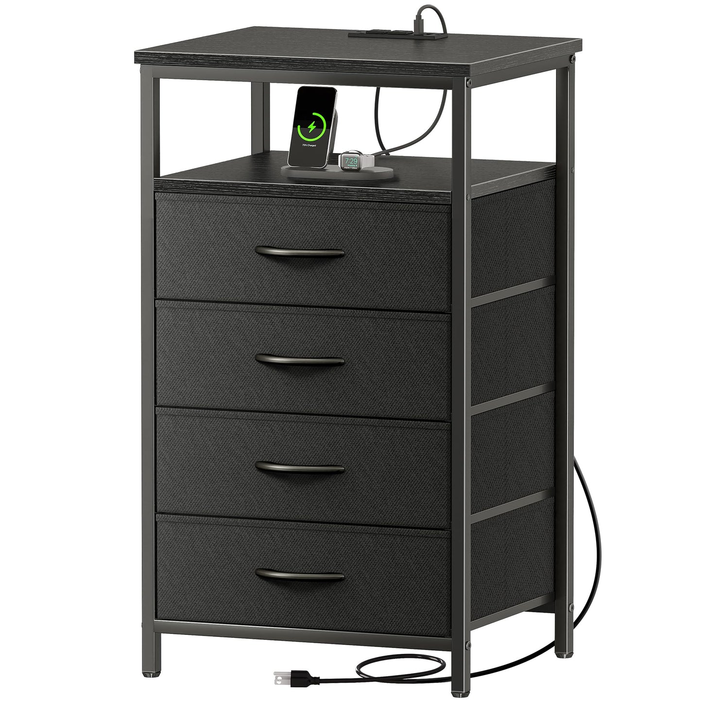 Huuger Nightstand with Charging Station, Side Table with Fabric Drawers, End Table with Open Shelf, Bedside Table with USB Ports and Outlets, Night Stand for Bedroom, Rustic Brown and Black