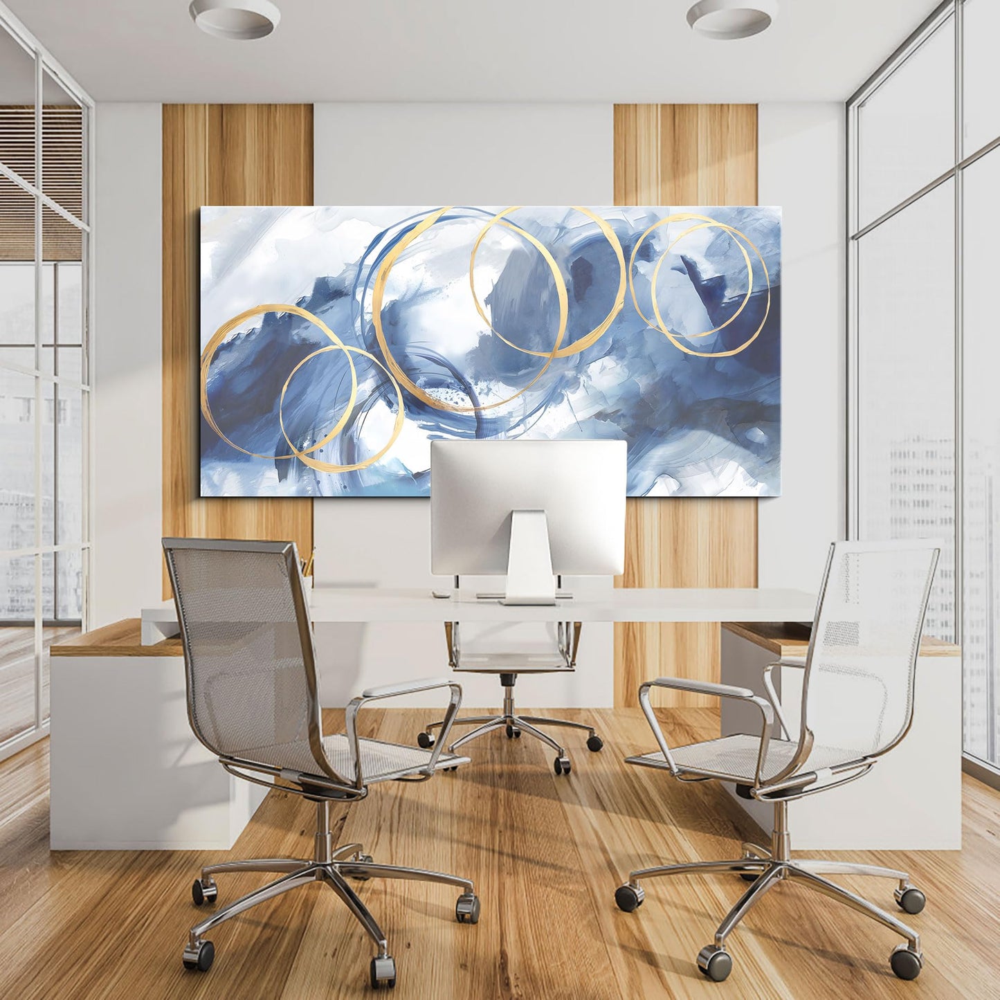 yiijeah Wall Art for Living Room - Framed Picture Artwork for Walls - Blue Wall Art 24x48 Inches Contemporary Abstract Wall Art Prints Canvas Painting Large Size Wall Art for Bedroom Office