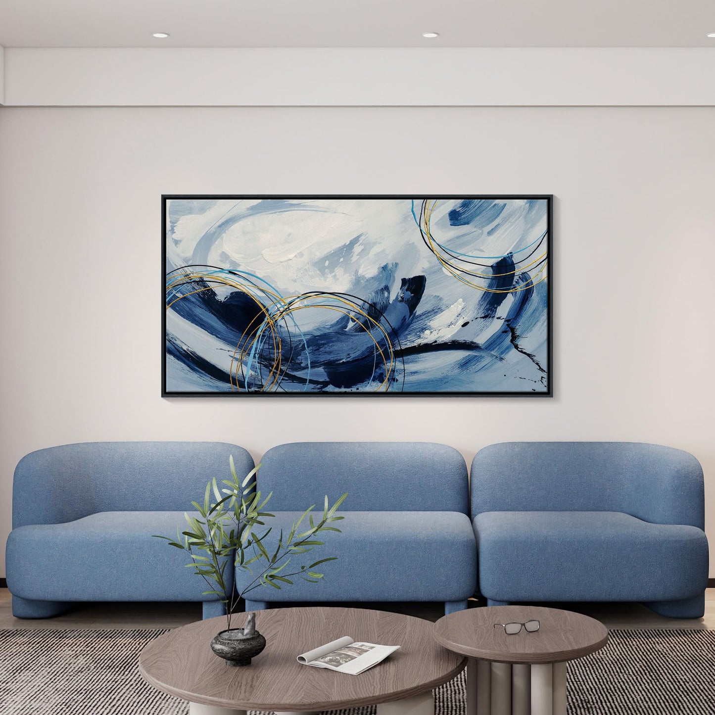 yiijeah Wall Art for Living Room - Framed Picture Artwork for Walls - Blue Wall Art 24x48 Inches Contemporary Abstract Wall Art Prints Canvas Painting Large Size Wall Art for Bedroom Office